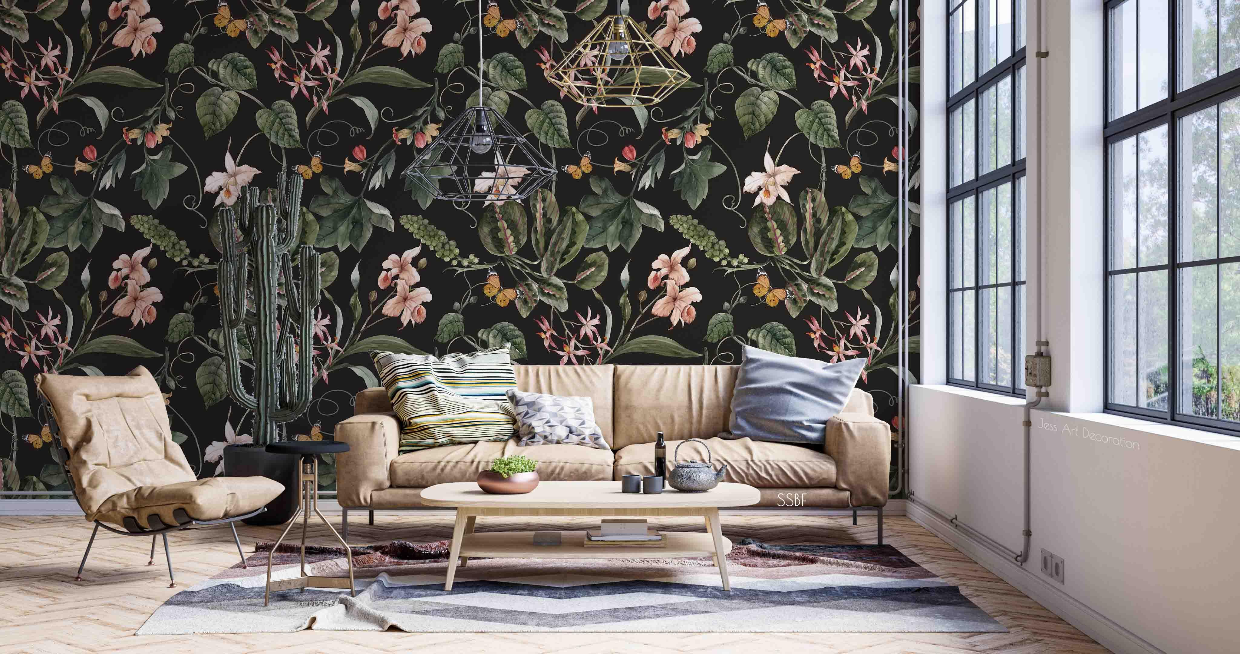 3D Vintage Baroque Art Flower Plant Leaves Black Background Wall Mural Wallpaper GD 3580- Jess Art Decoration
