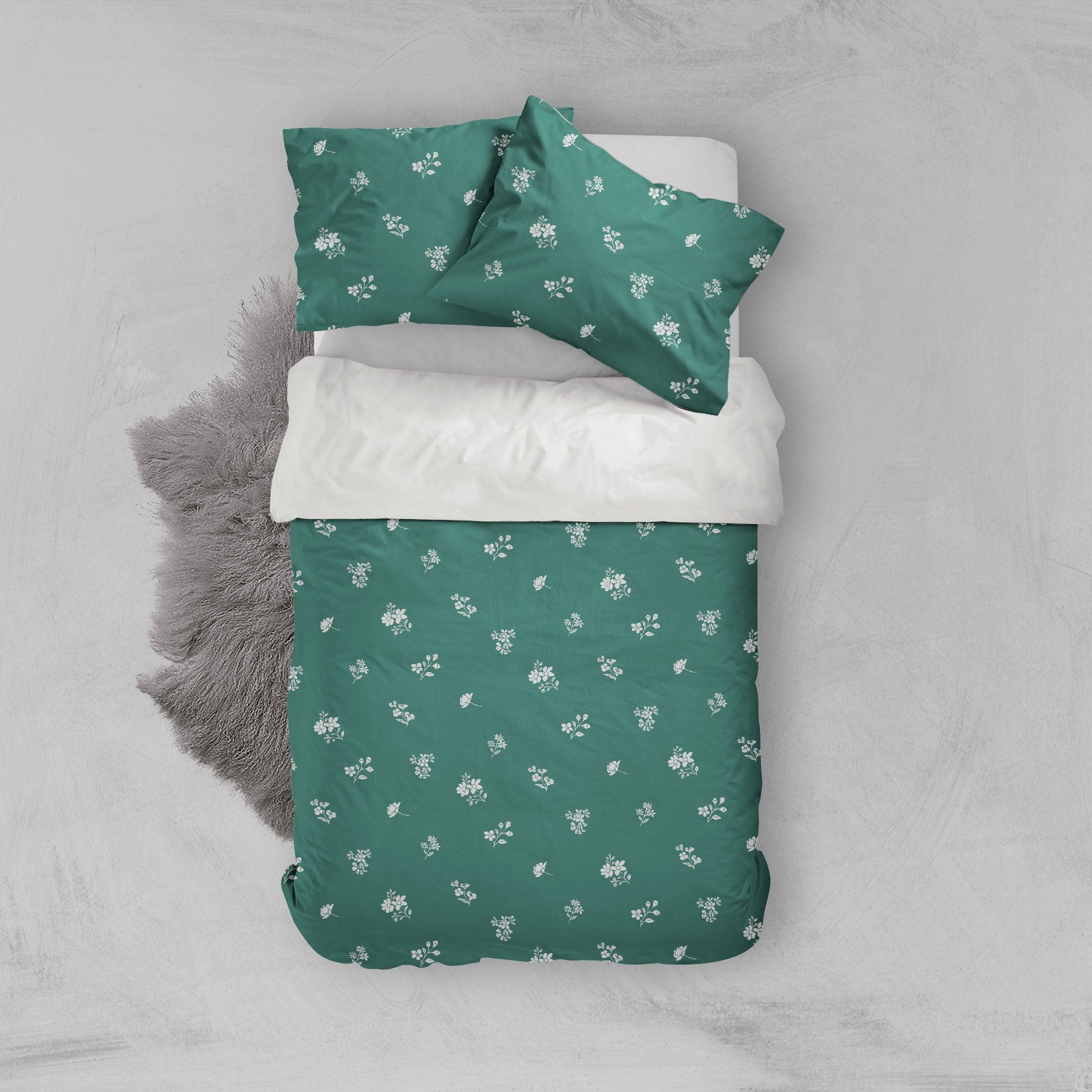 3D White Flowers Pattern Green Background Quilt Cover Set Bedding Set Pillowcases 66- Jess Art Decoration