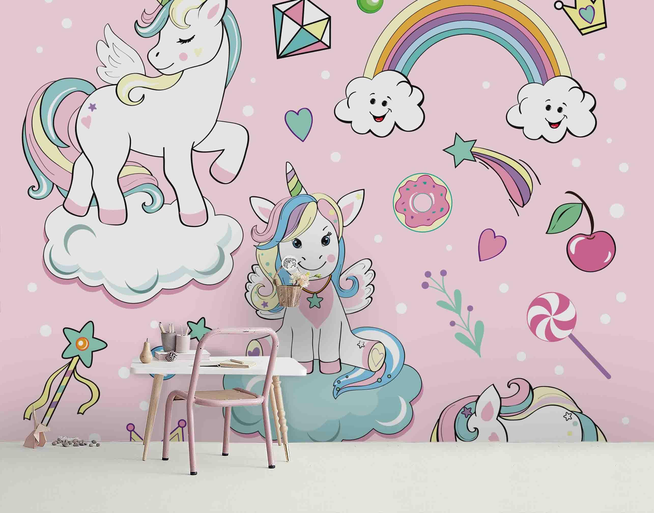 3D Cartoon Pink Unicorn Rainbow White Cloud Wall Mural Wallpaper ZY D69- Jess Art Decoration