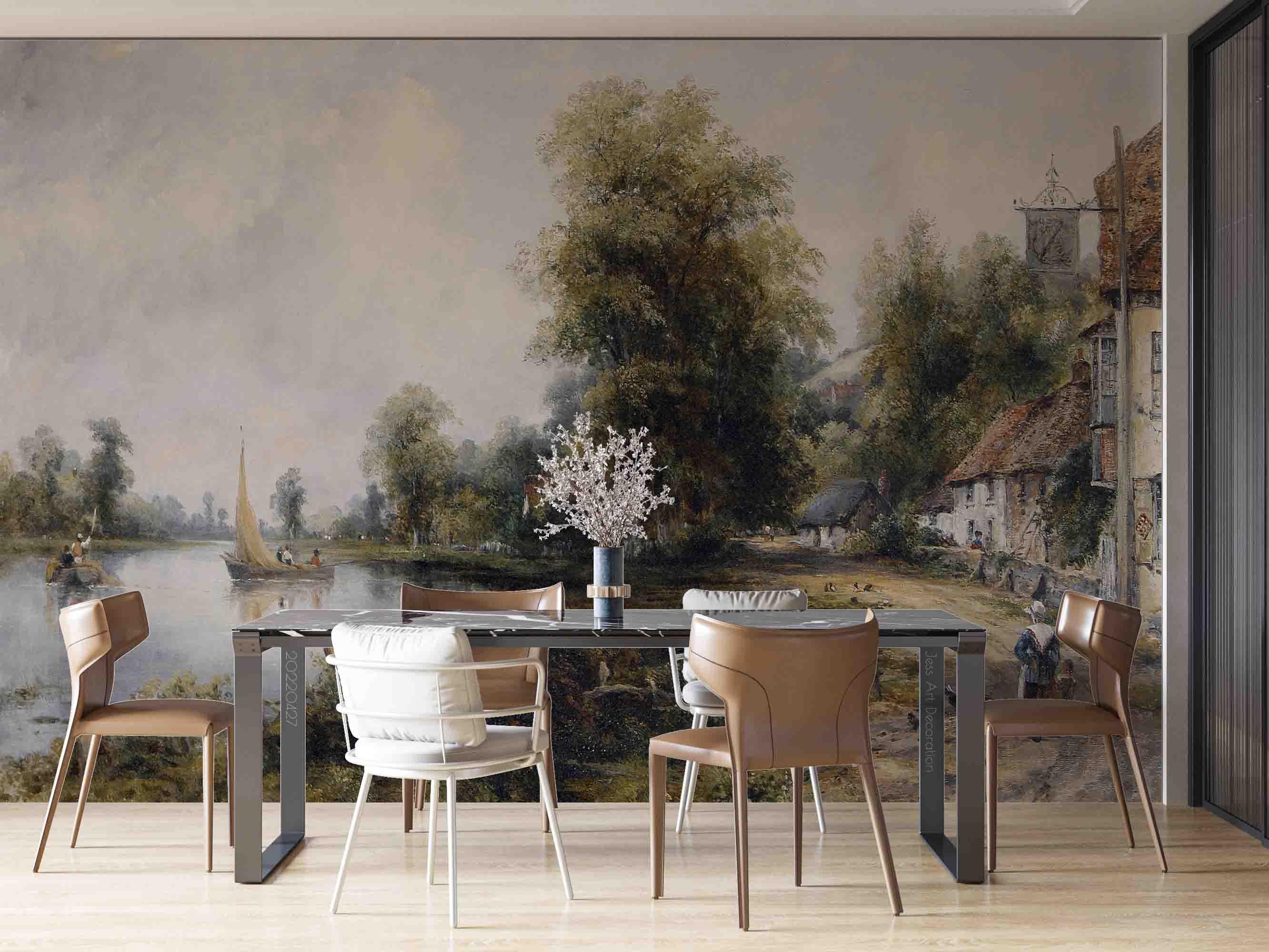 3D River Boat Country Landscape Oil Painting Wall Mural Wallpaper GD 4422- Jess Art Decoration