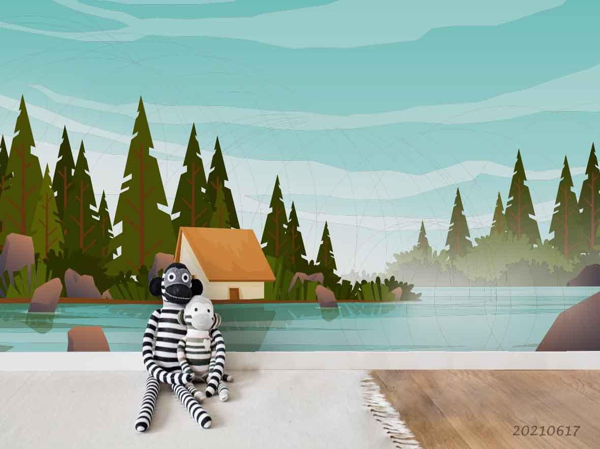 3D Cartoon Sky Forest Lake Wall Mural Wallpaper LQH 41- Jess Art Decoration