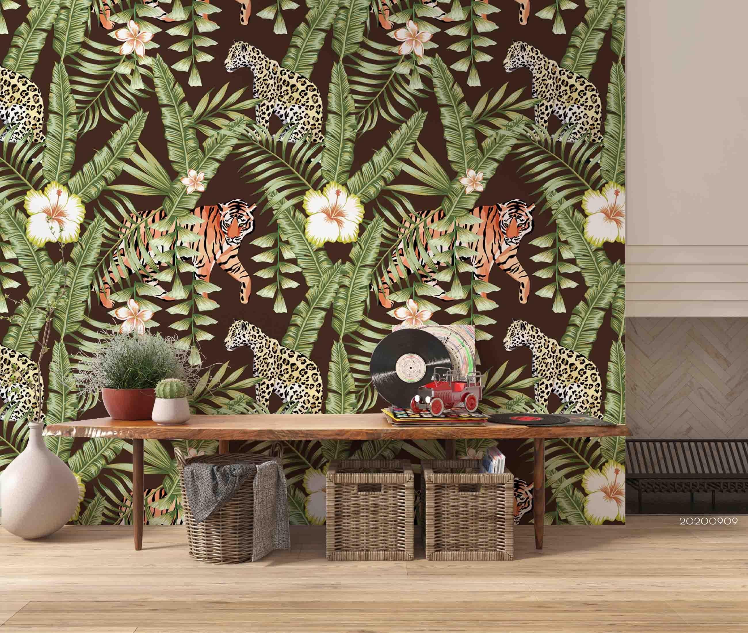 3D Hand Drawn White Floral Green Leaves Plant Wall Mural Wallpaper LXL- Jess Art Decoration