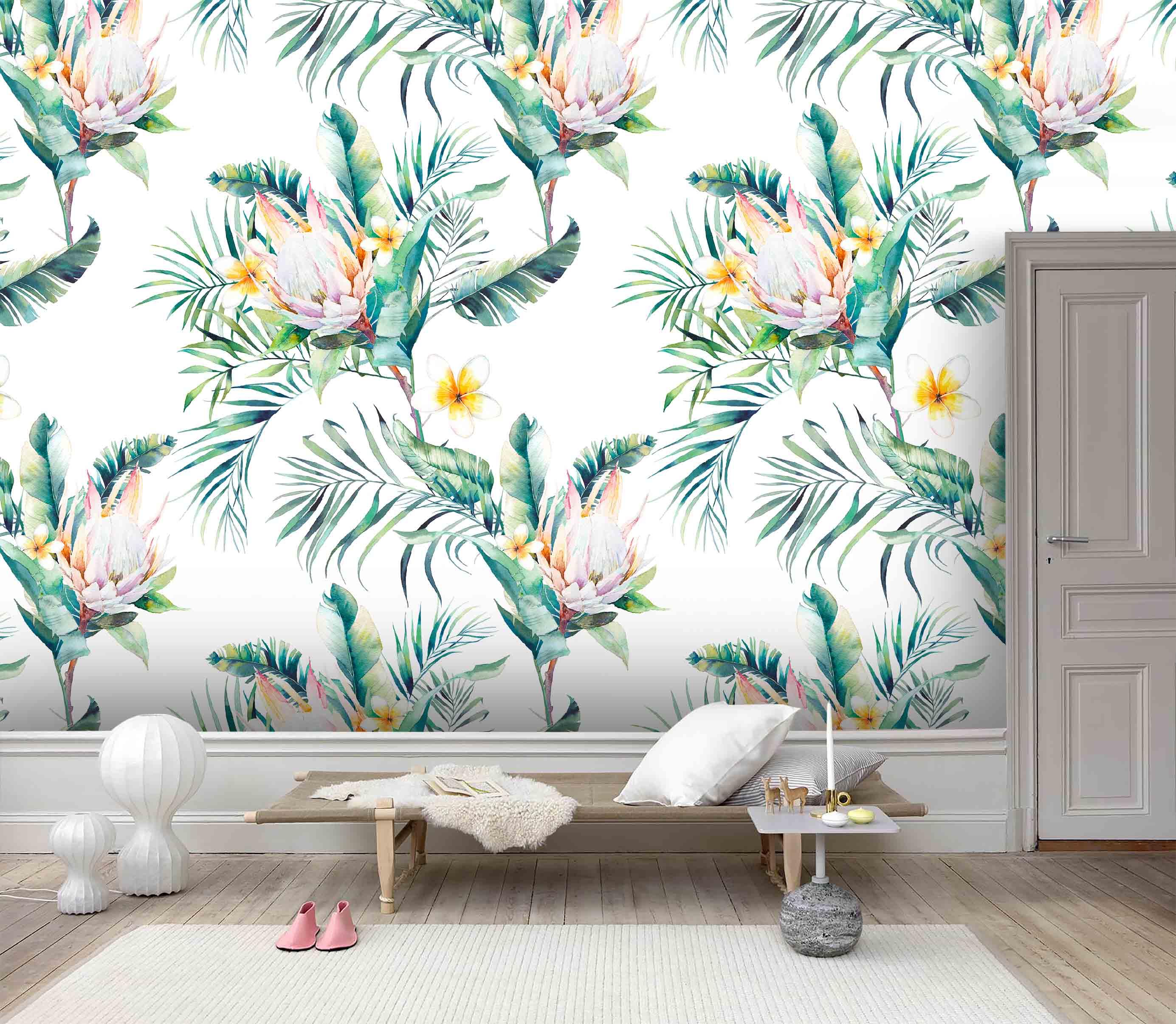 3D White Background Tropical Plants Flowers Wall Mural Wallpaper 100- Jess Art Decoration