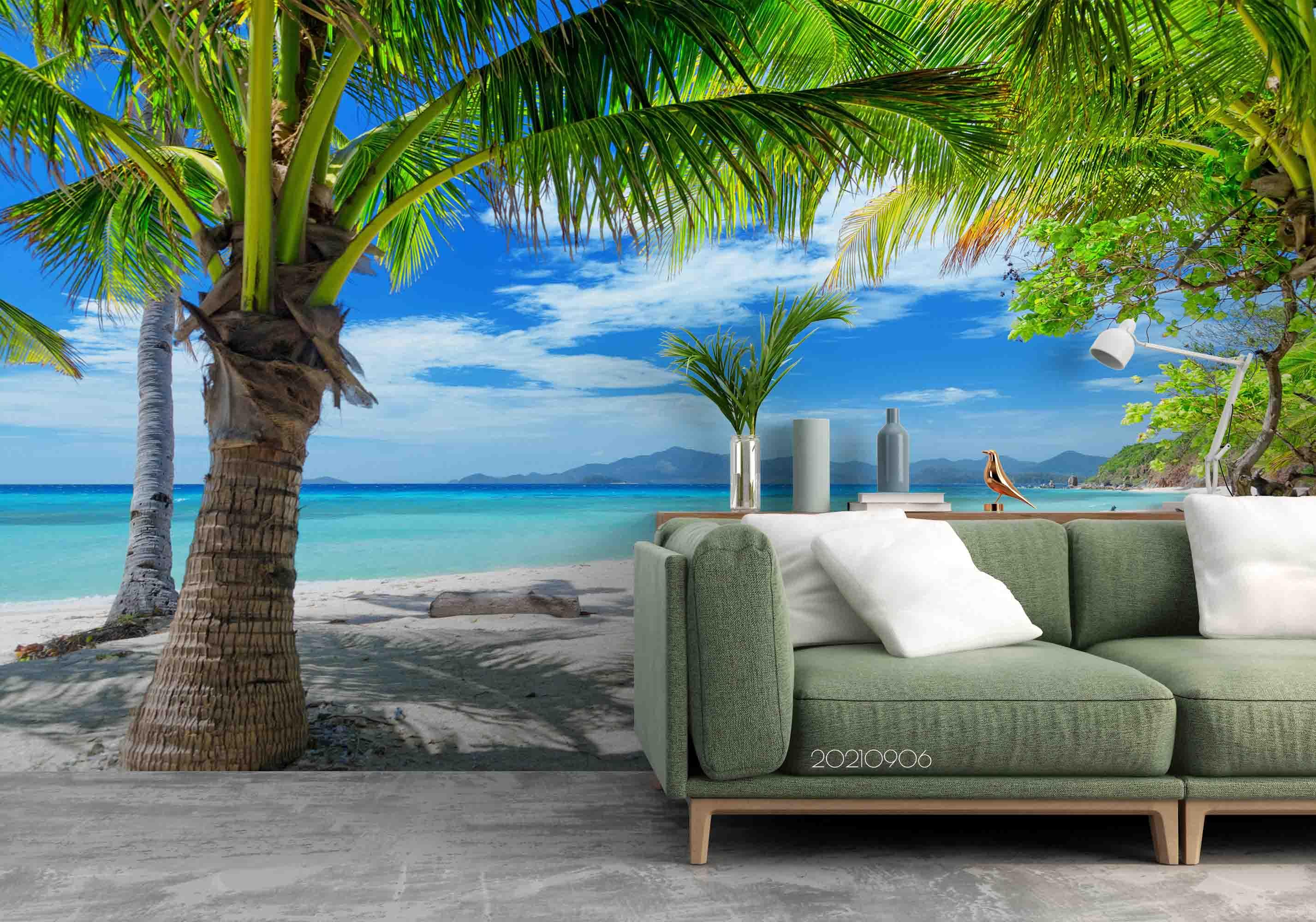 3D Blue Sky Cloud Beach Palm Landscape Wall Mural Wallpaper LQH 606- Jess Art Decoration