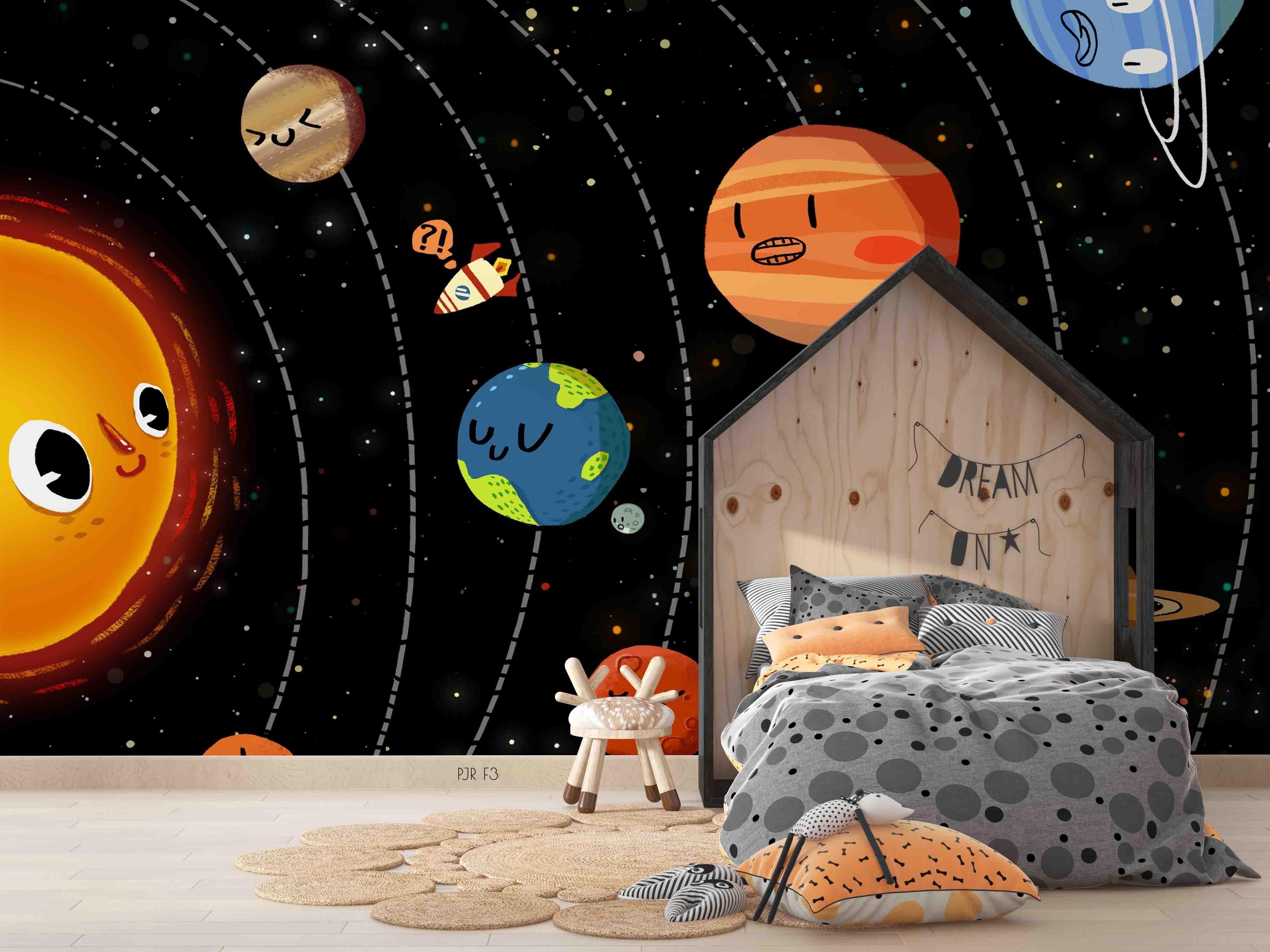 3D Cartoon Solar System cartoon solar system mural wall mural wallpaper for kids room - view 3