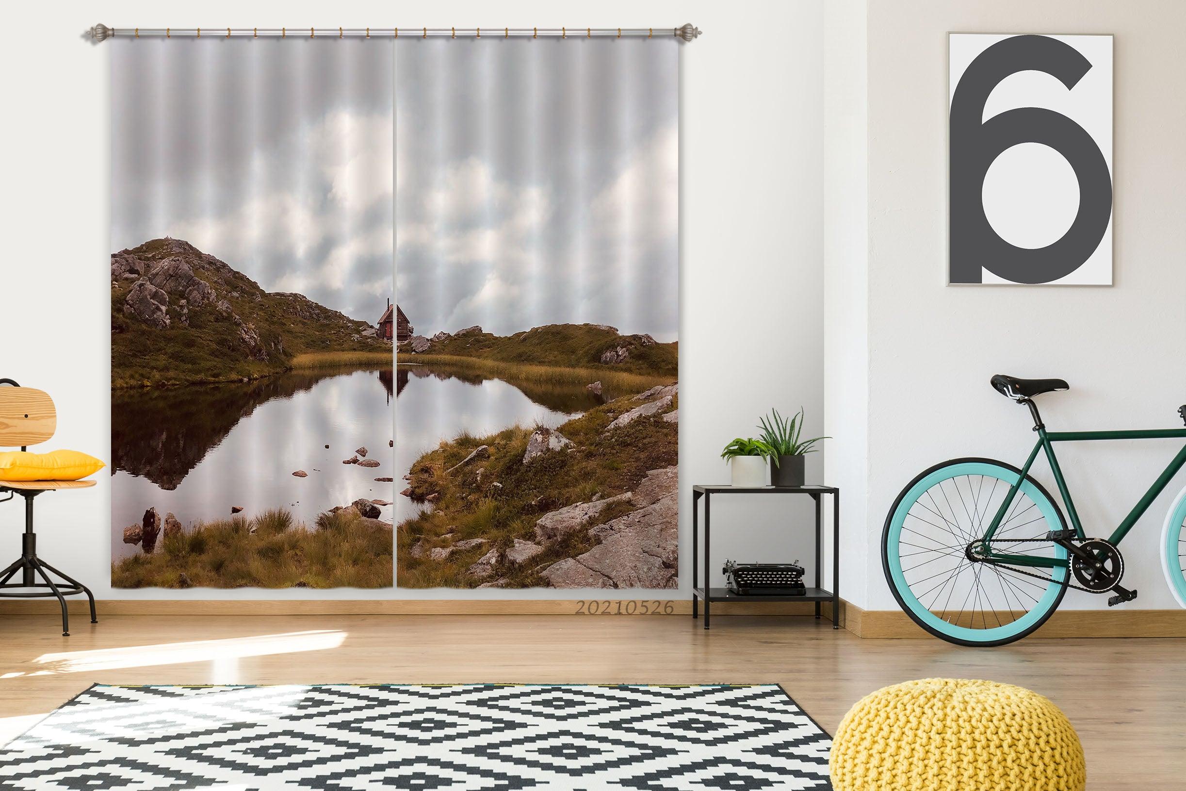 3D Autumn Lake Grass Stone Mountain Curtains and Drapes GD 396- Jess Art Decoration