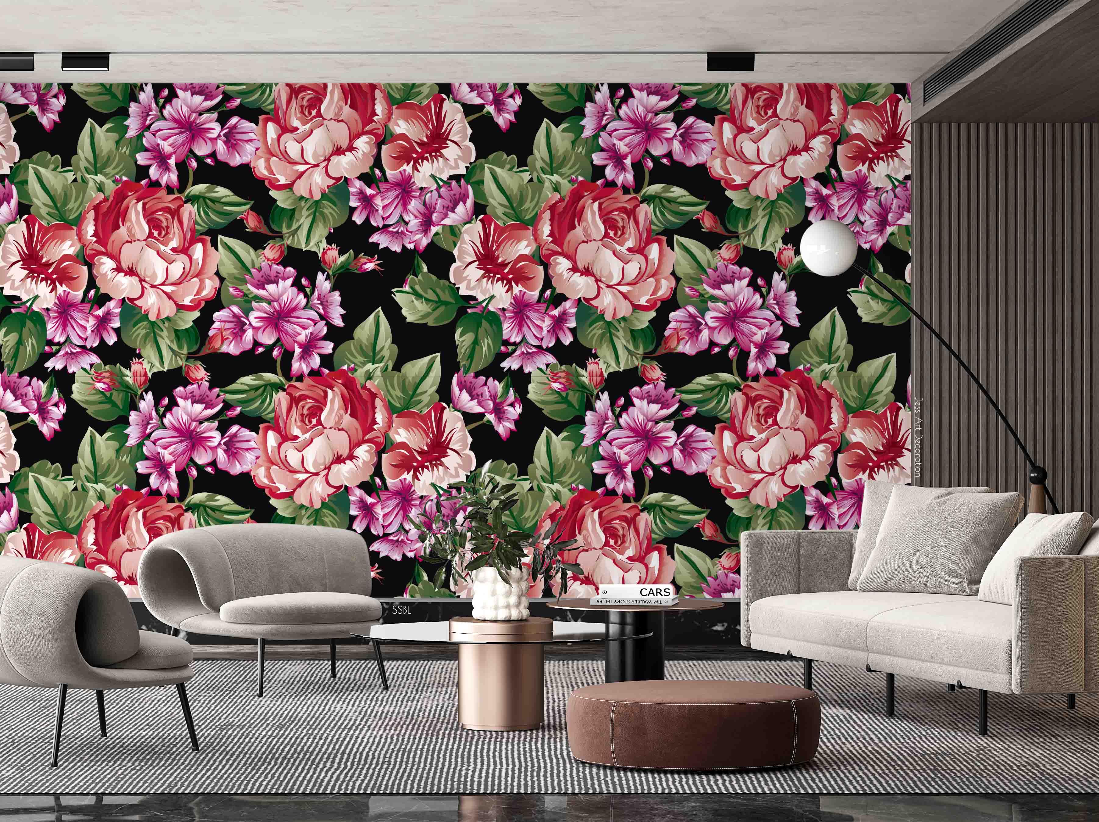 3D Retro Pastoral Pink Peony Black Background Wall Mural Wallpaper GD ...