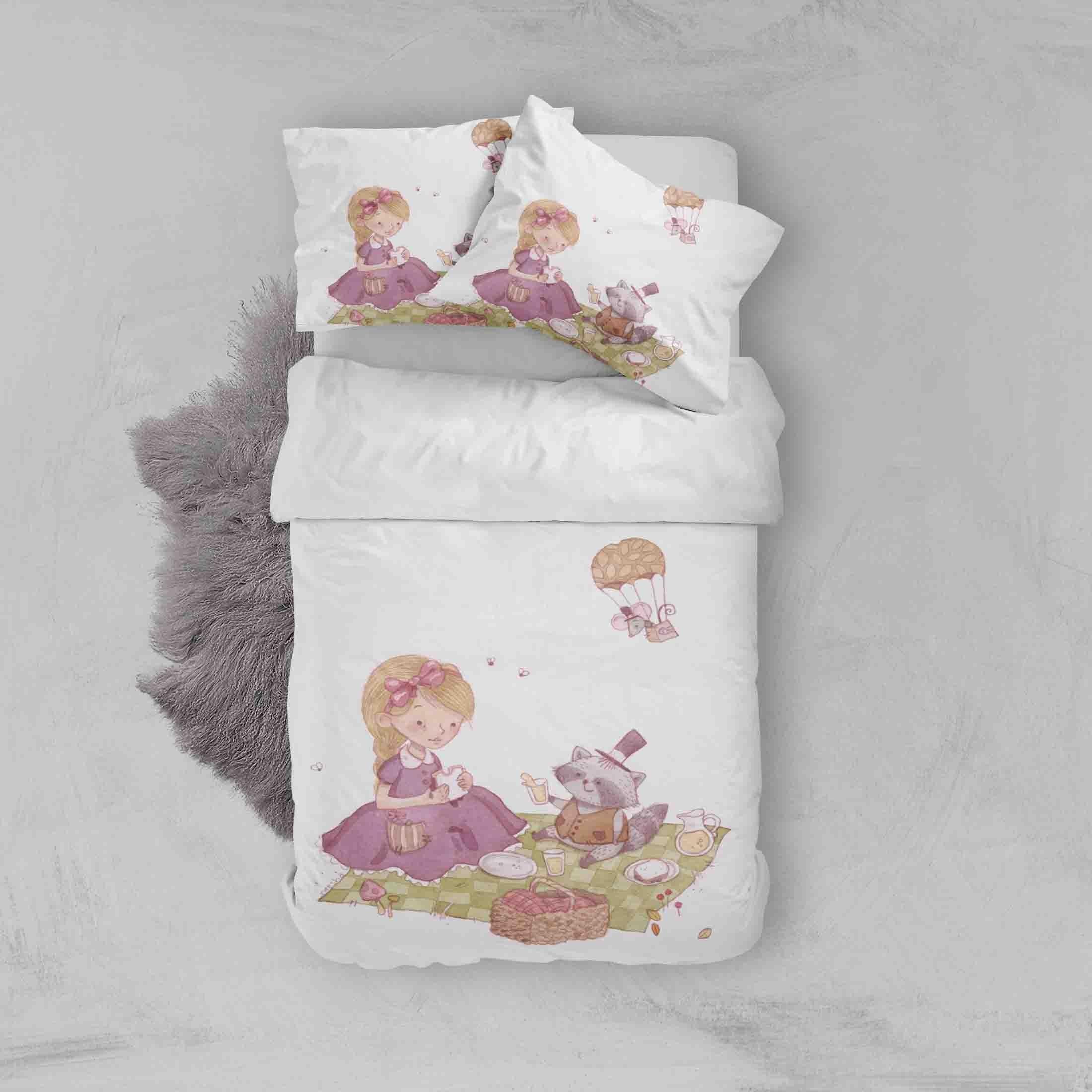 3D Picnic Girl Raccoon Mouse Hot Air Balloon Quilt Cover Set Bedding Set Duvet Cover Pillowcases SF035- Jess Art Decoration