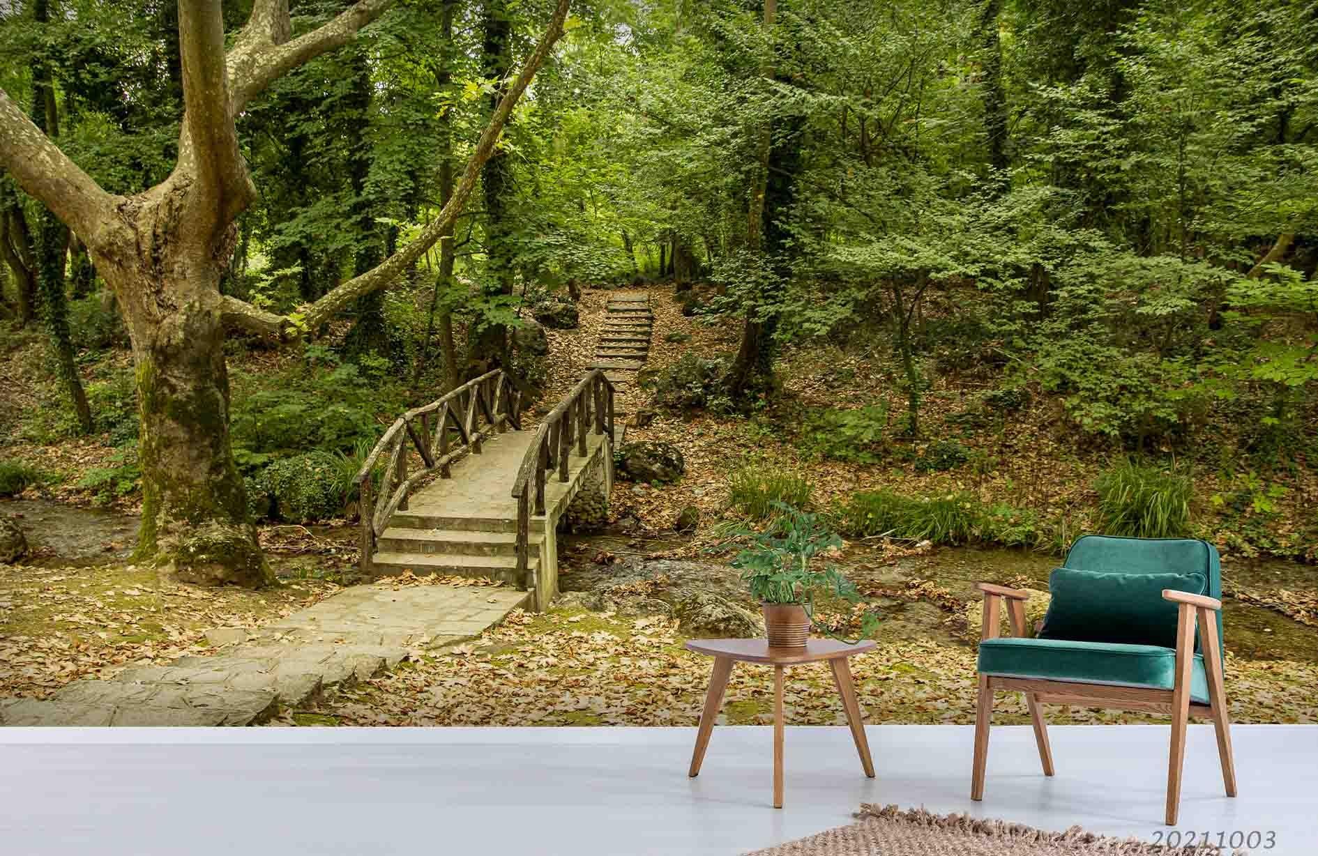3D Landscape Green Forest Wooden Bridge Road Wall Mural Wallpaper LQH 543- Jess Art Decoration