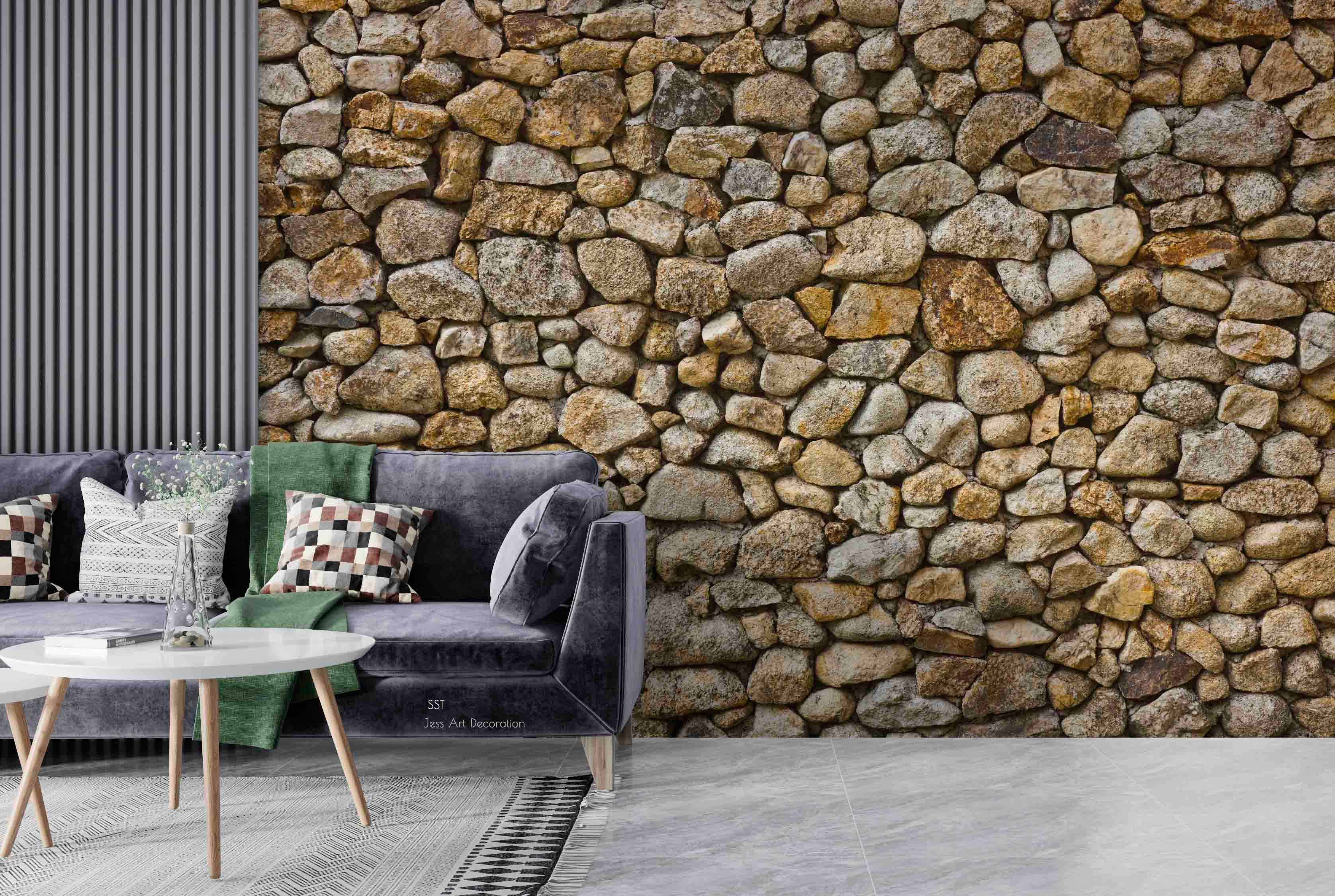 3D Pebble Stone Wall rounded pebble stone texture wall mural wallpaper for dining room - view 3