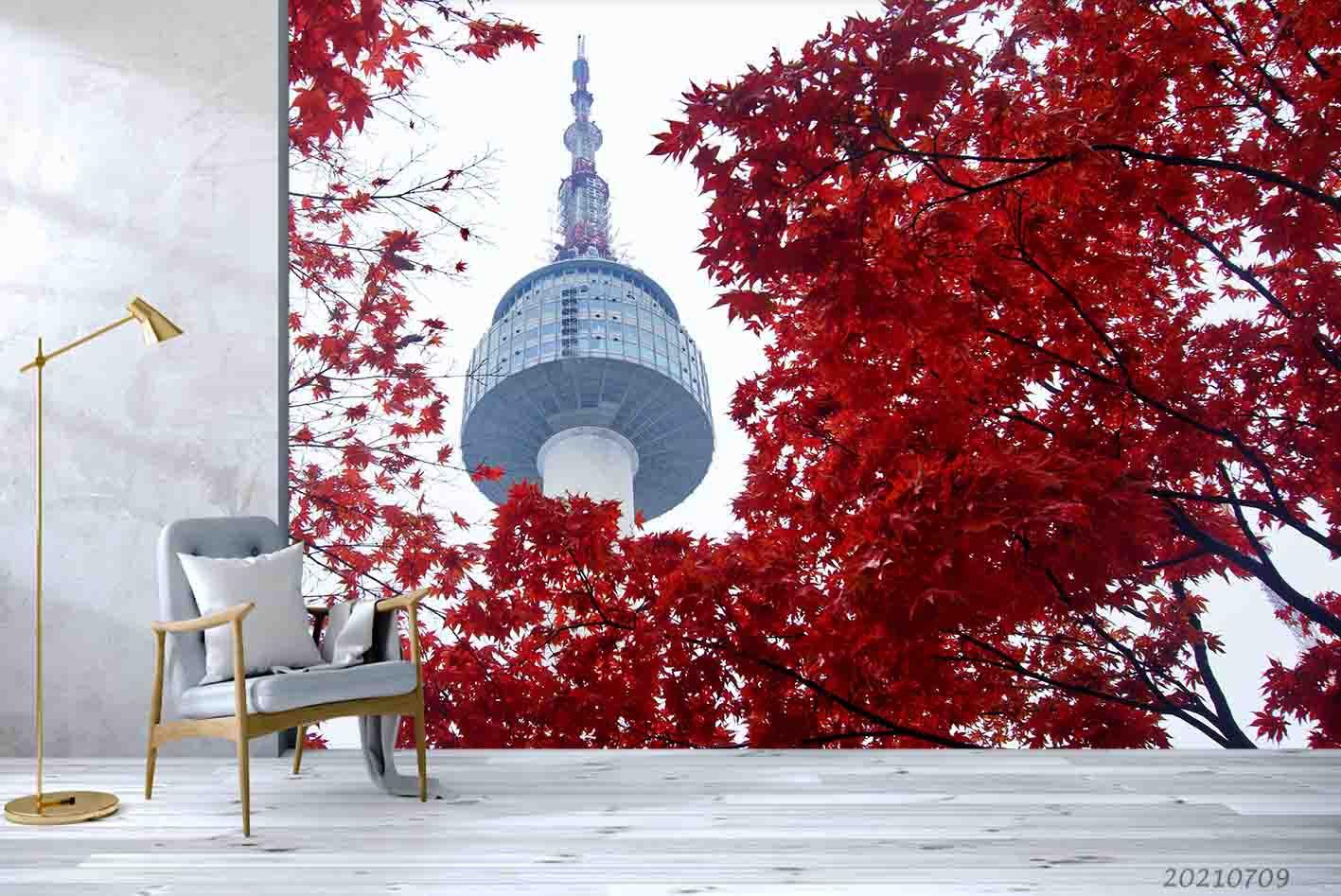 3D Red Maple Landmark Building Wall Mural Wallpaper SWW4074- Jess Art Decoration