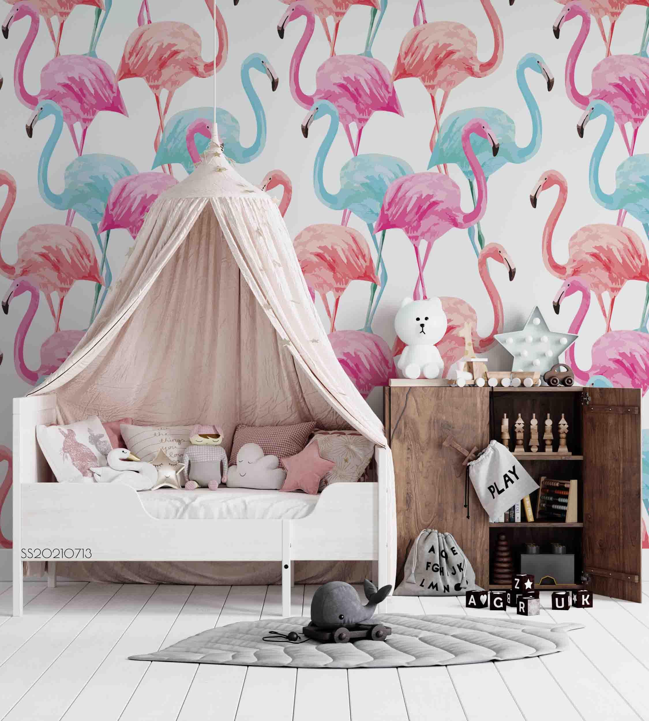 3D Hand Drawn Green Pink Flamingo Wall Mural Wallpaper LQH 144- Jess Art Decoration