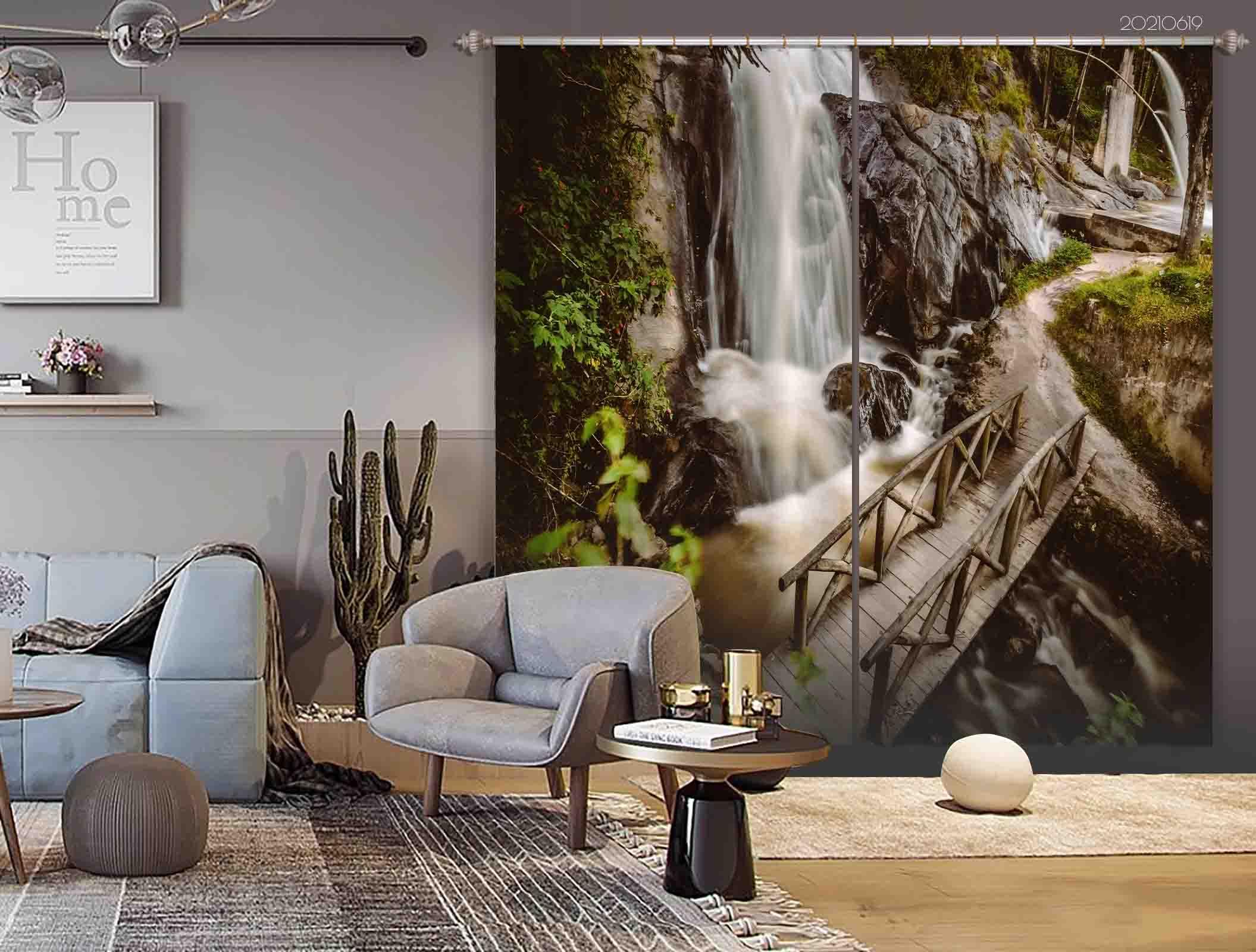 3D Mountain Stream Waterfall Rock Wooden Bridge Landscape Curtains and Drapes LLL 562- Jess Art Decoration