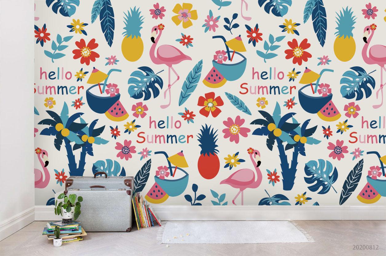 3D Cartoon Summer Colorful Floral Flamingo Wall Mural Wallpaper LXL 1113- Jess Art Decoration