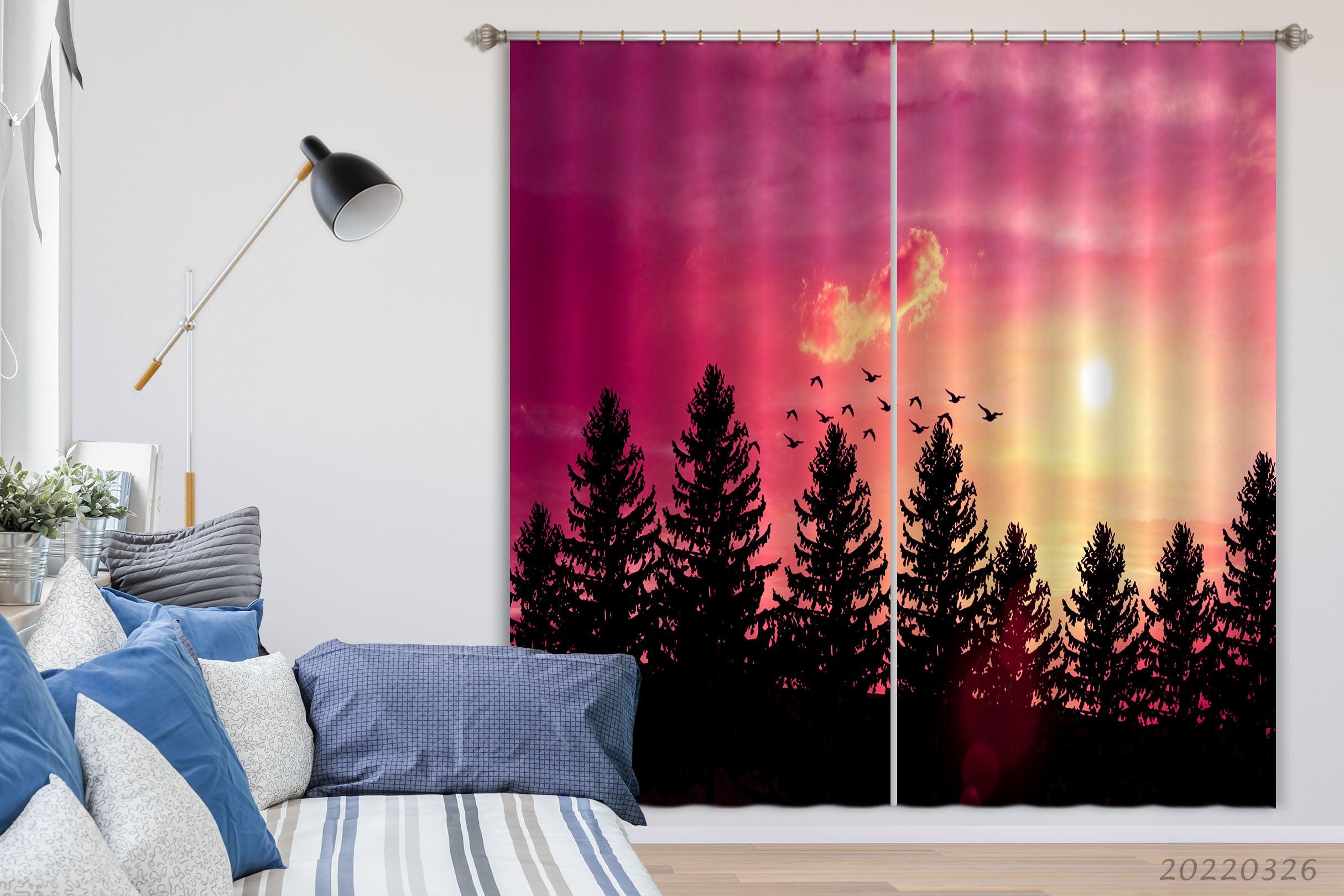 3D Woods Bird Sunset Orange Sky Sun Curtains and Drapes GD 3032- Jess Art Decoration