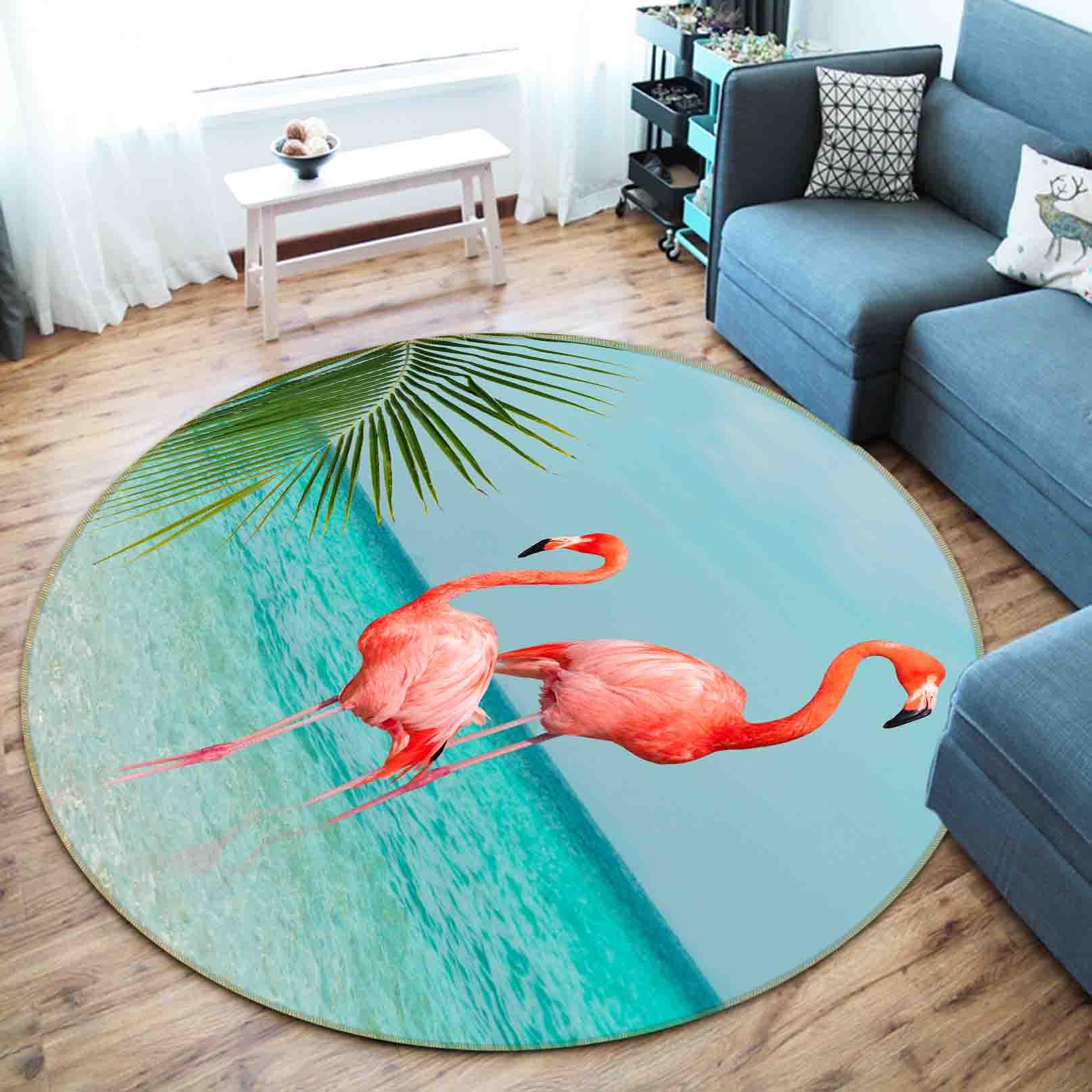 3D Tropical Sea Beach Palm Flamingo Non-Slip Round Rug Mat 127- Jess Art Decoration