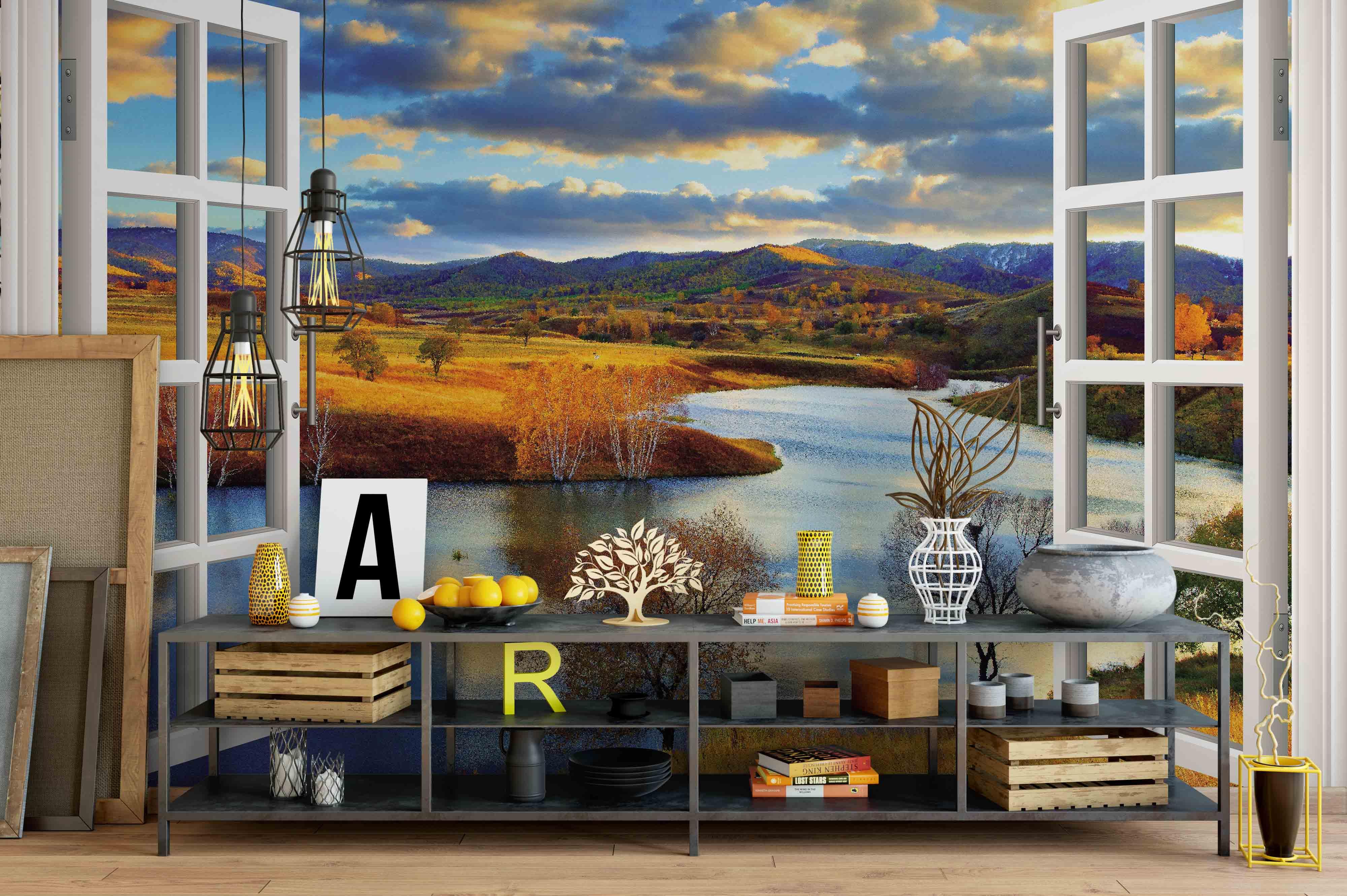 3D Window Mountains River Wall Mural Wallpaper 203- Jess Art Decoration