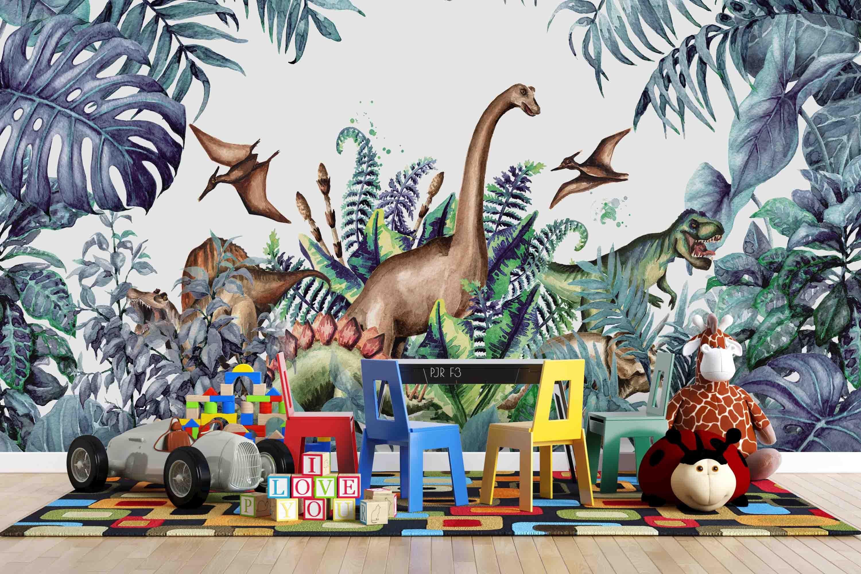 3D Dinosaur Jungle hand drawn dinosaur jungle scene wall mural wallpaper for kids room - view 4