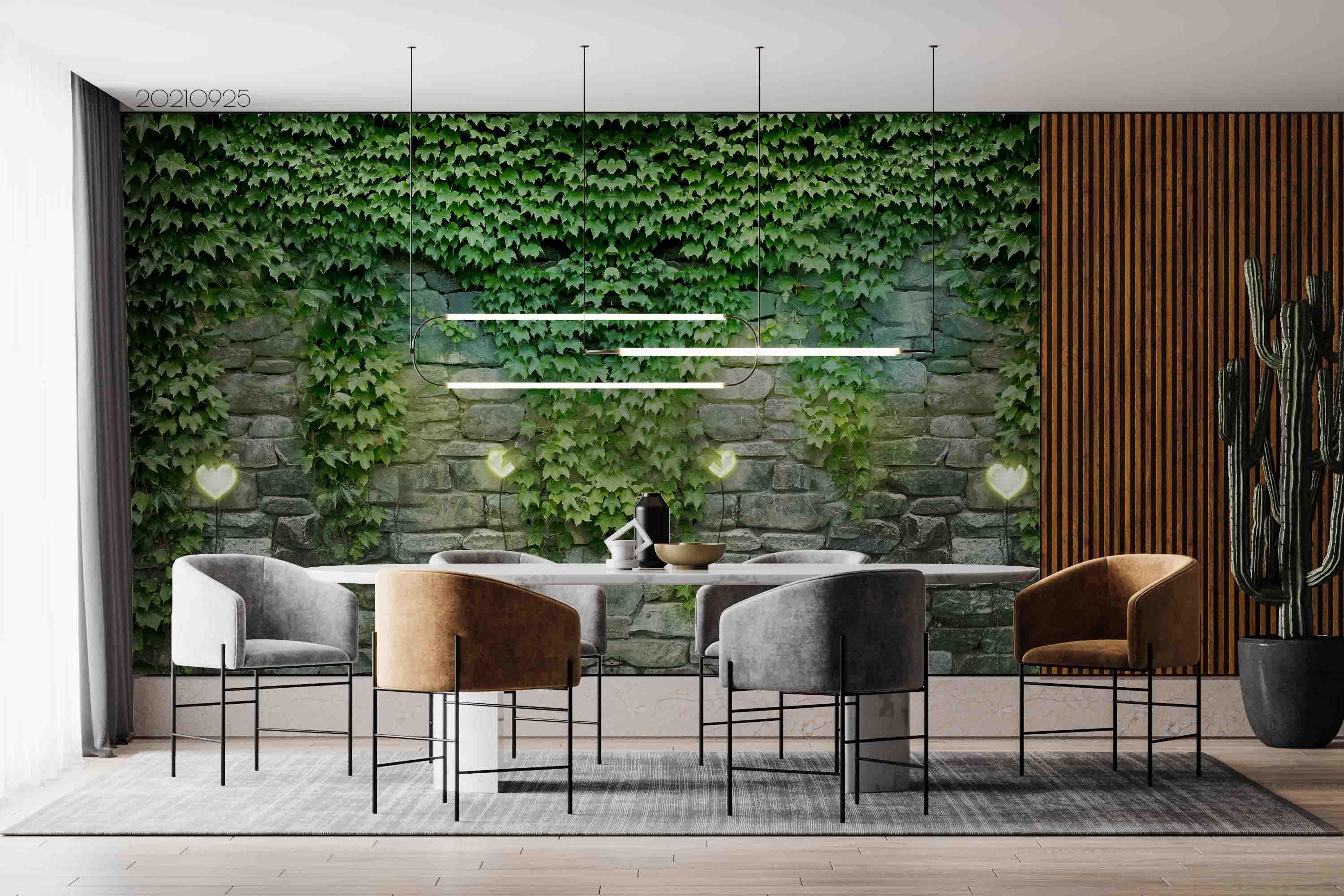 3D Stone Wall Green Plant Leaf Wall Mural Wallpaper LQH 263- Jess Art Decoration