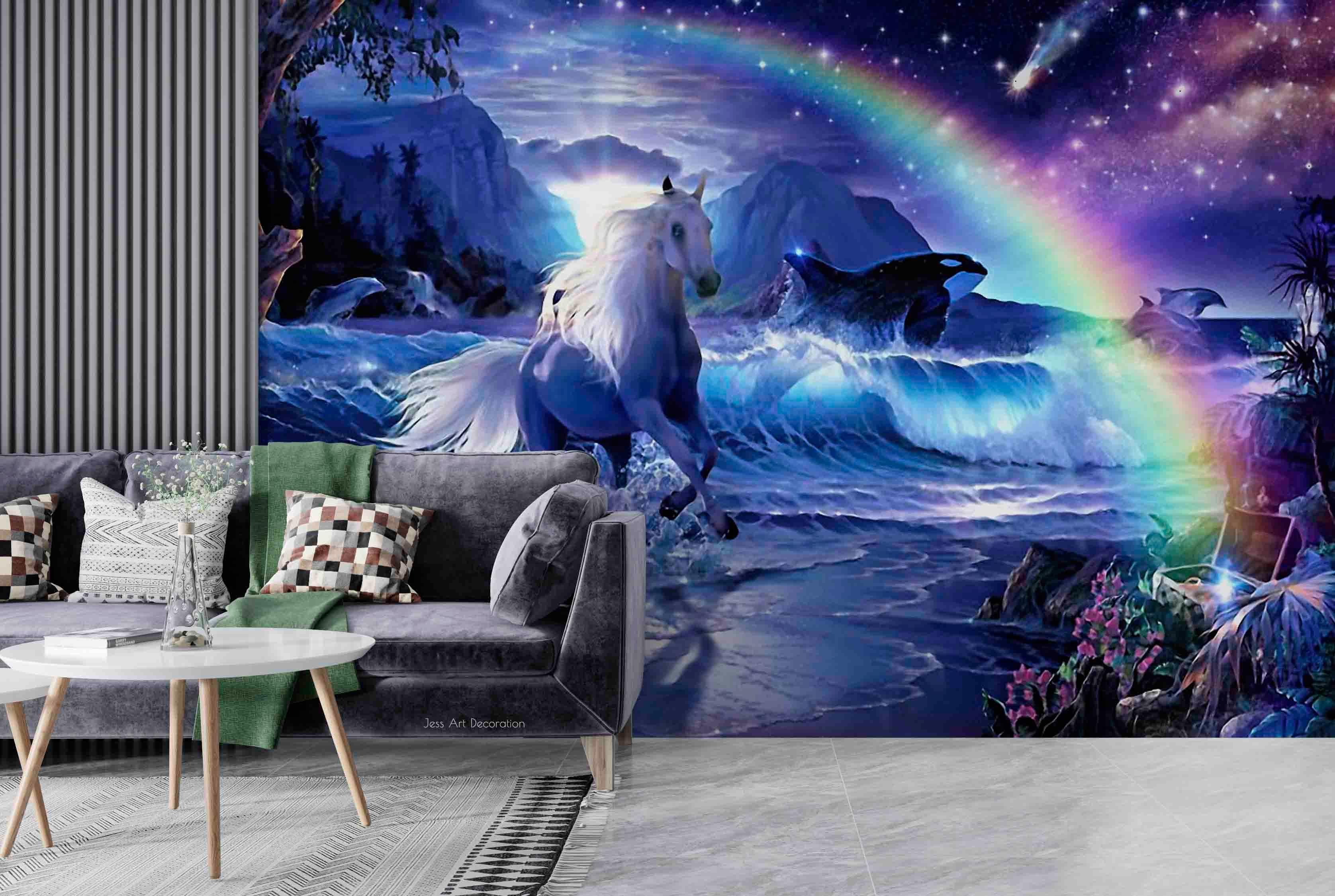 3D Fantasy Blue Stars Horse Rainbow Mountain Wave Wall Mural Wallpaper GD 3006- Jess Art Decoration