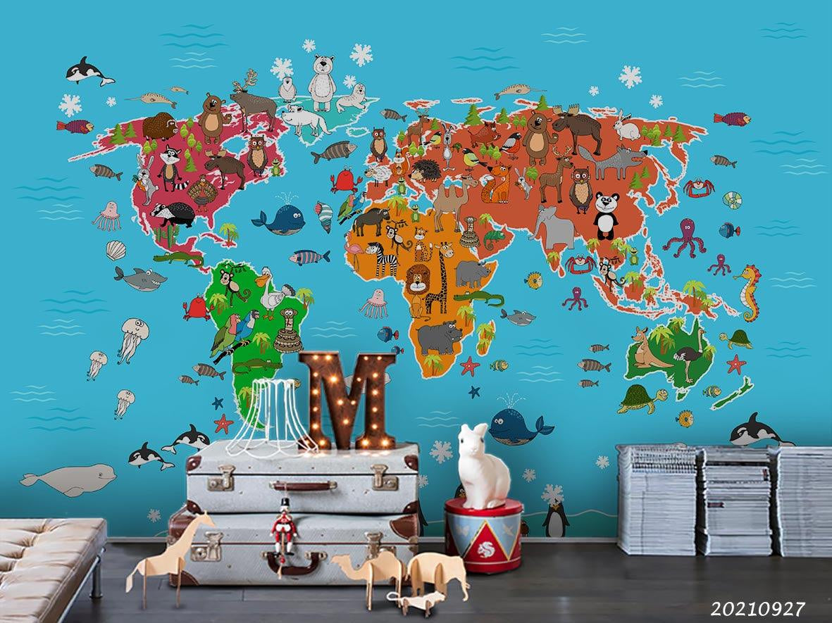 3D Blue World Map Animals Kids Wall Mural Wallpaper LQH 155- Jess Art Decoration