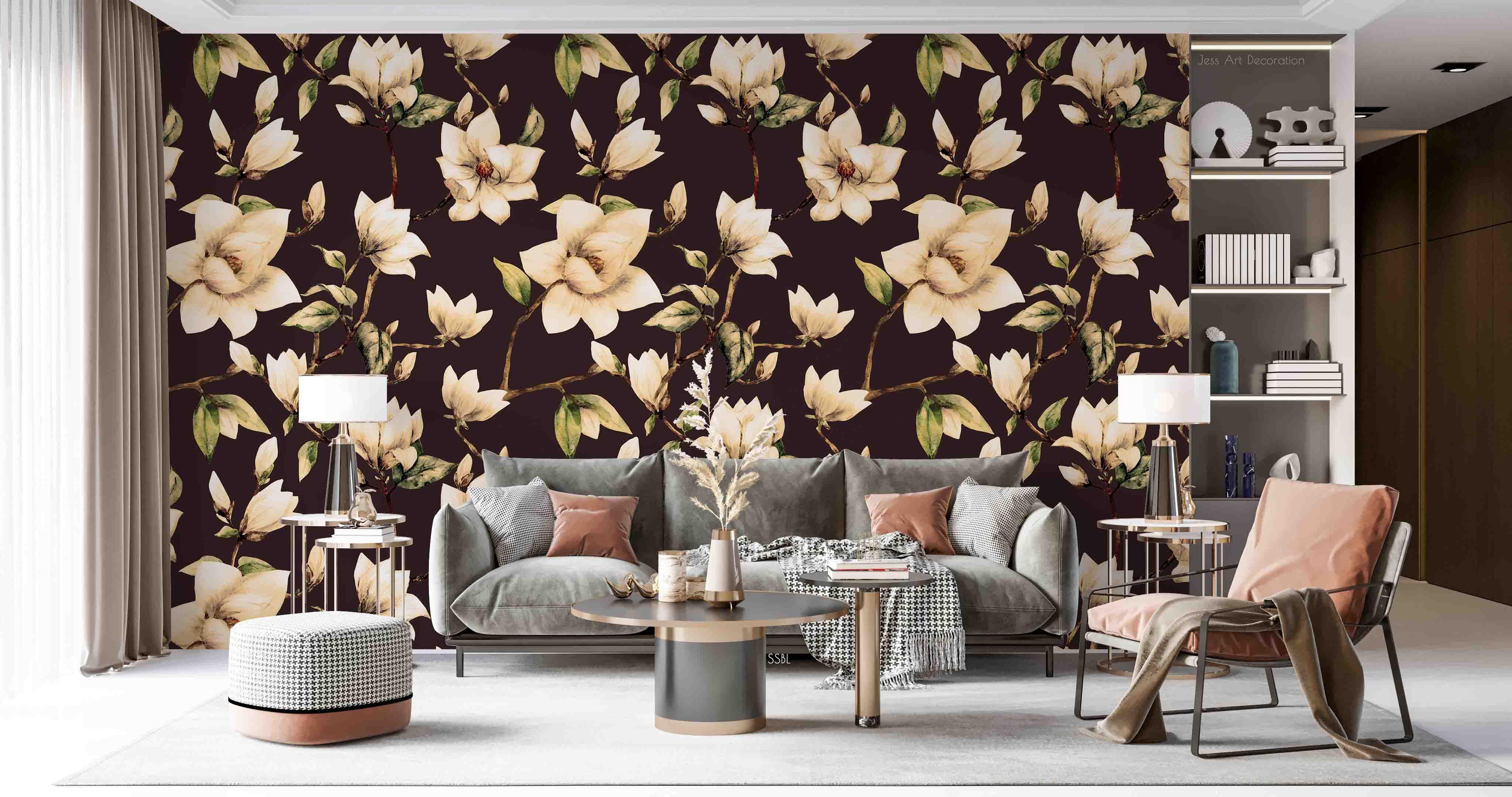 3D Vintage Baroque Art Blooming Magnolia Black Background Wall Mural Wallpaper GD 3635- Jess Art Decoration