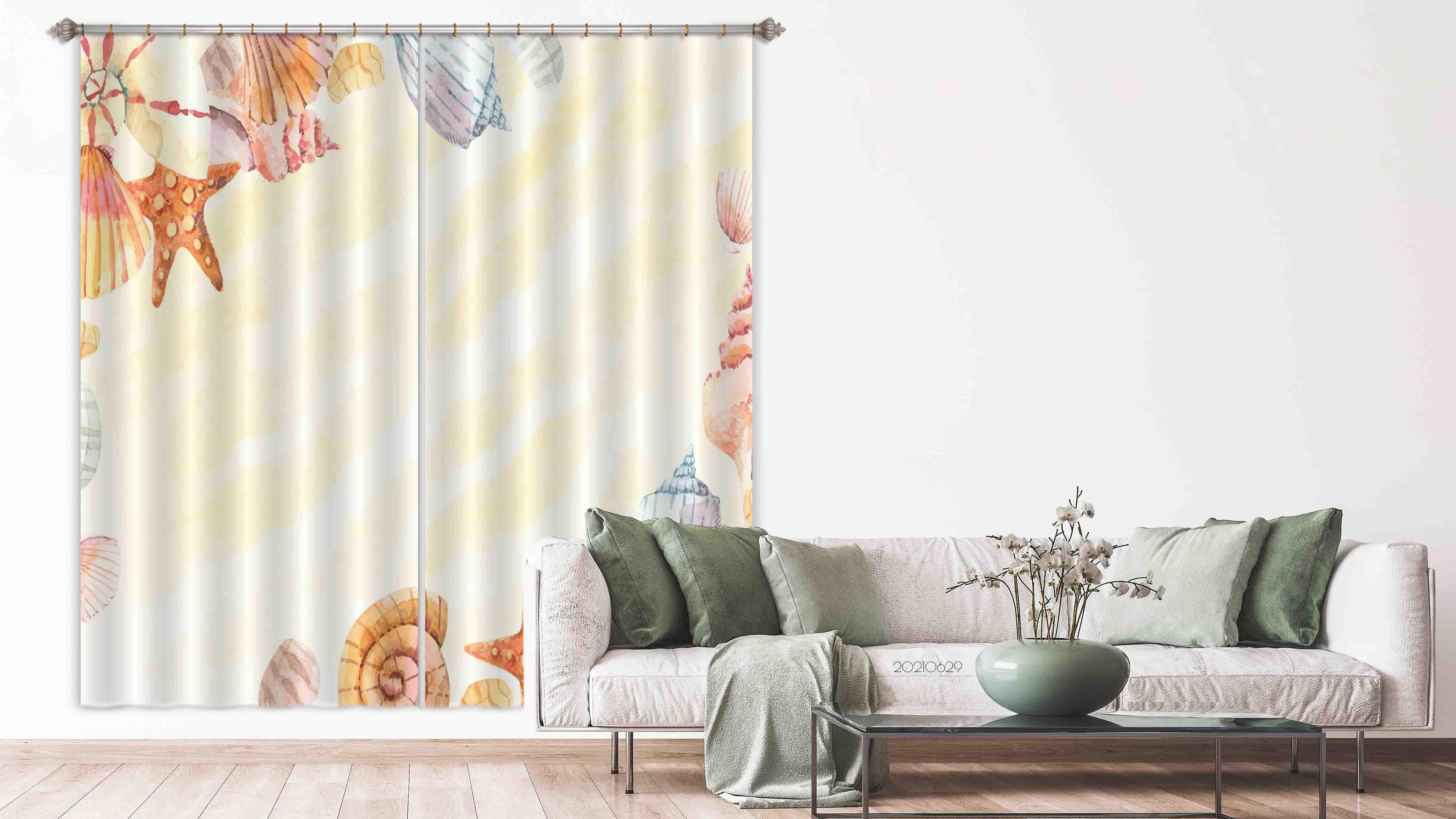 3D Watercolor Starfish Shell Conch Yellow Curtains and Drapes LLL 379- Jess Art Decoration