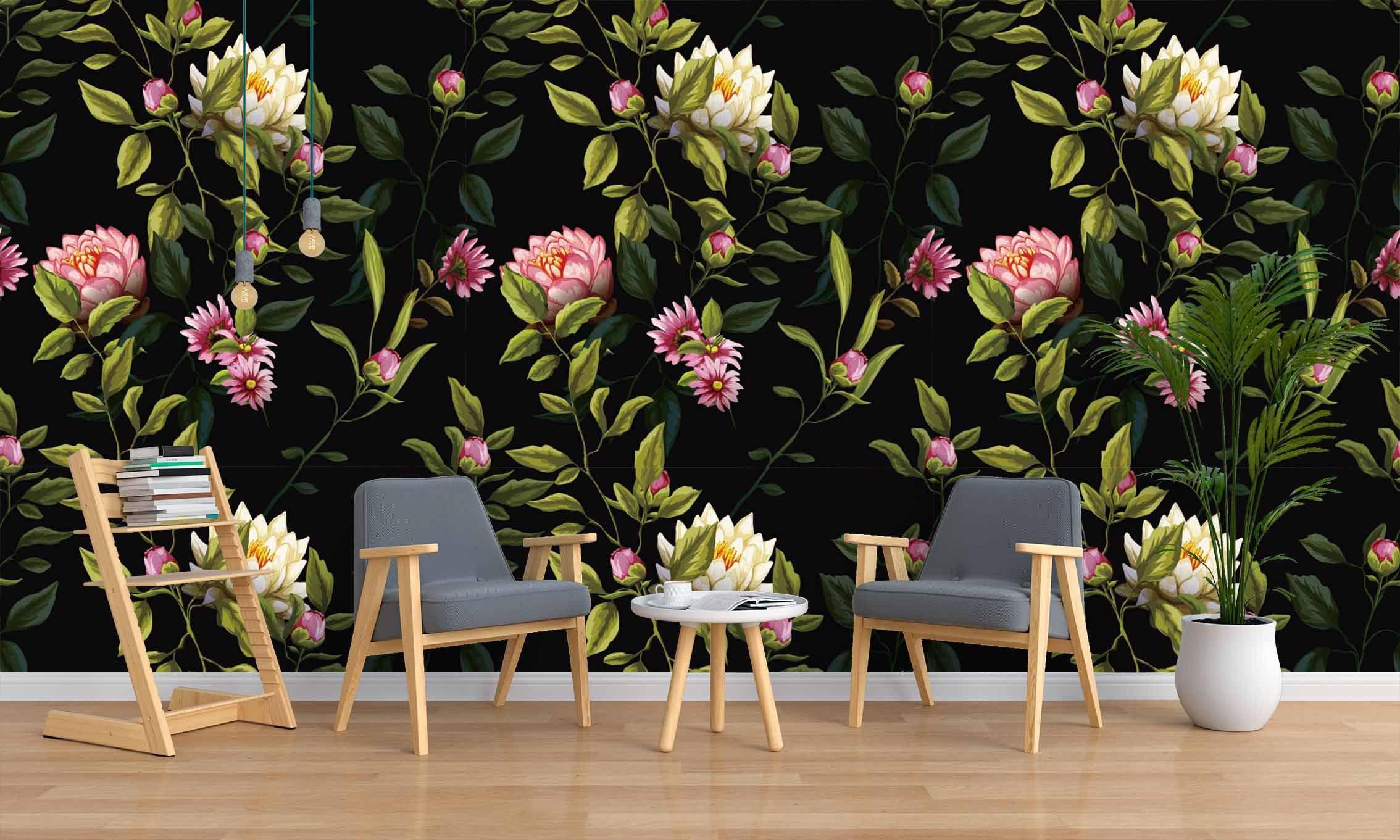 3D Black Pink Yellow Flowers Wall Mural Wallpaper SF111- Jess Art Decoration