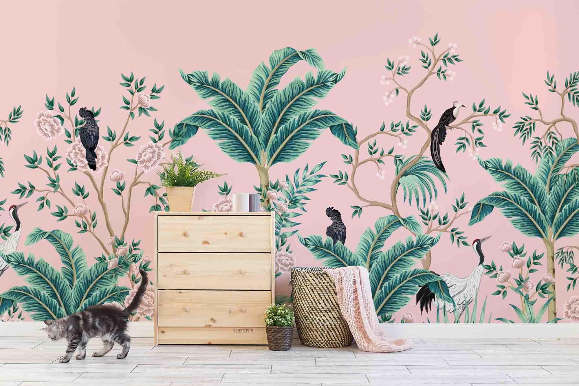 3D Pink Background Plant Bird Wall Mural Wallpaper  SWW  98- Jess Art Decoration