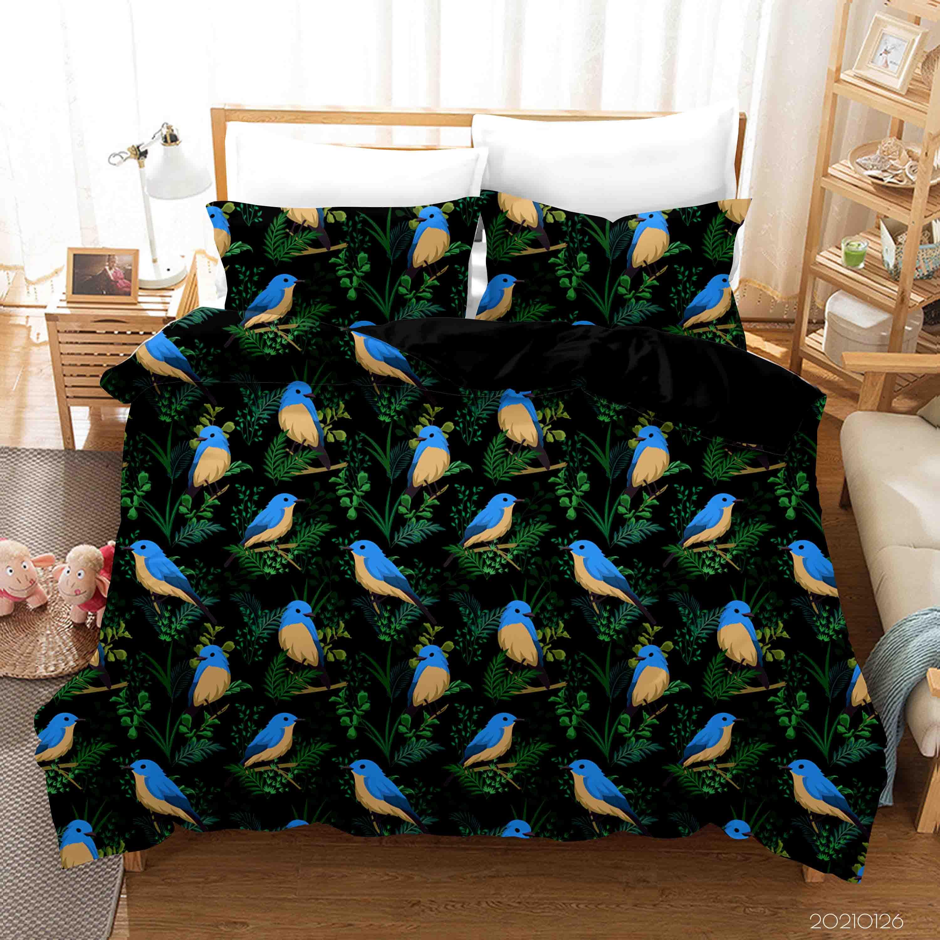 3D Hand Drawn Green Leaf Blue Bird Quilt Cover Set Bedding Set Duvet Cover Pillowcases 7- Jess Art Decoration