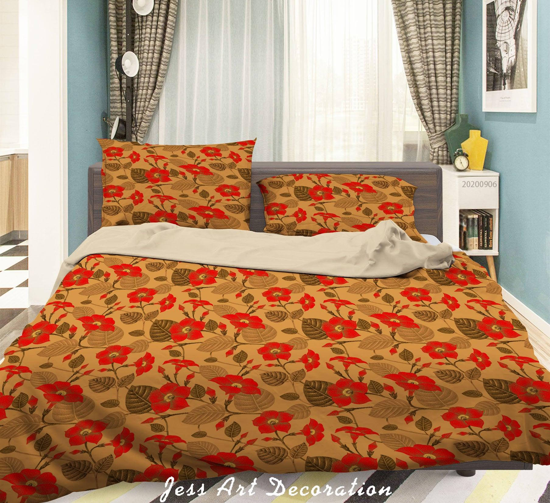 3D Vintage Leaves Red Floral Pattern Quilt Cover Set Bedding Set Duvet Cover Pillowcases WJ 3624- Jess Art Decoration