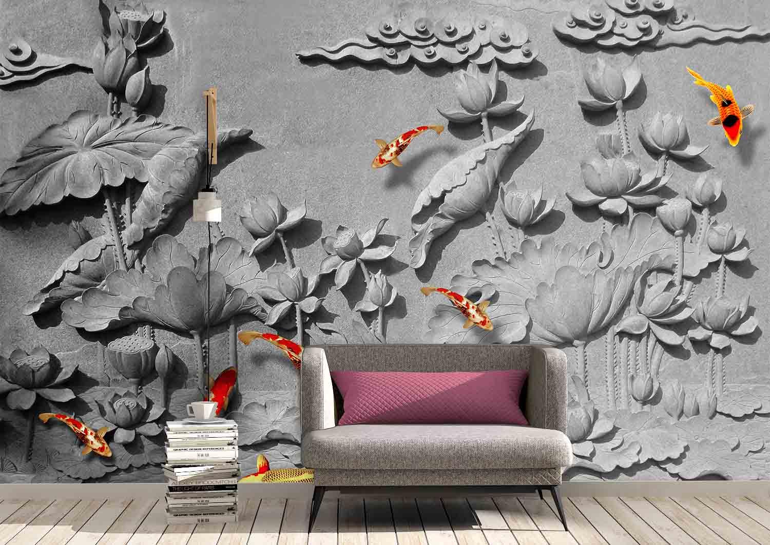 3D Emboss Lotus Carp Wall Mural Wallpaper 21- Jess Art Decoration