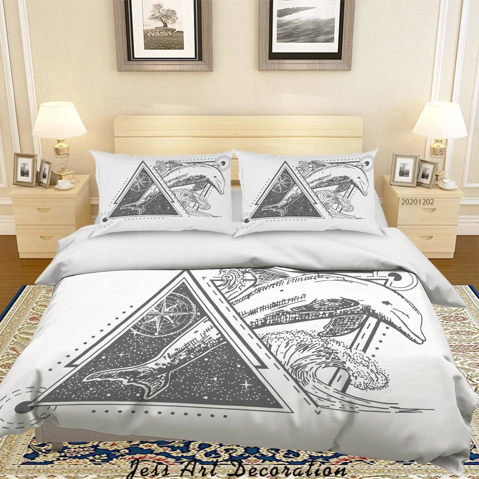 3D Hand Drawn Sea Waved Dolphin Geometric Triangle Star Quilt Cover Set Bedding Set Duvet Cover Pillowcases LXL- Jess Art Decoration