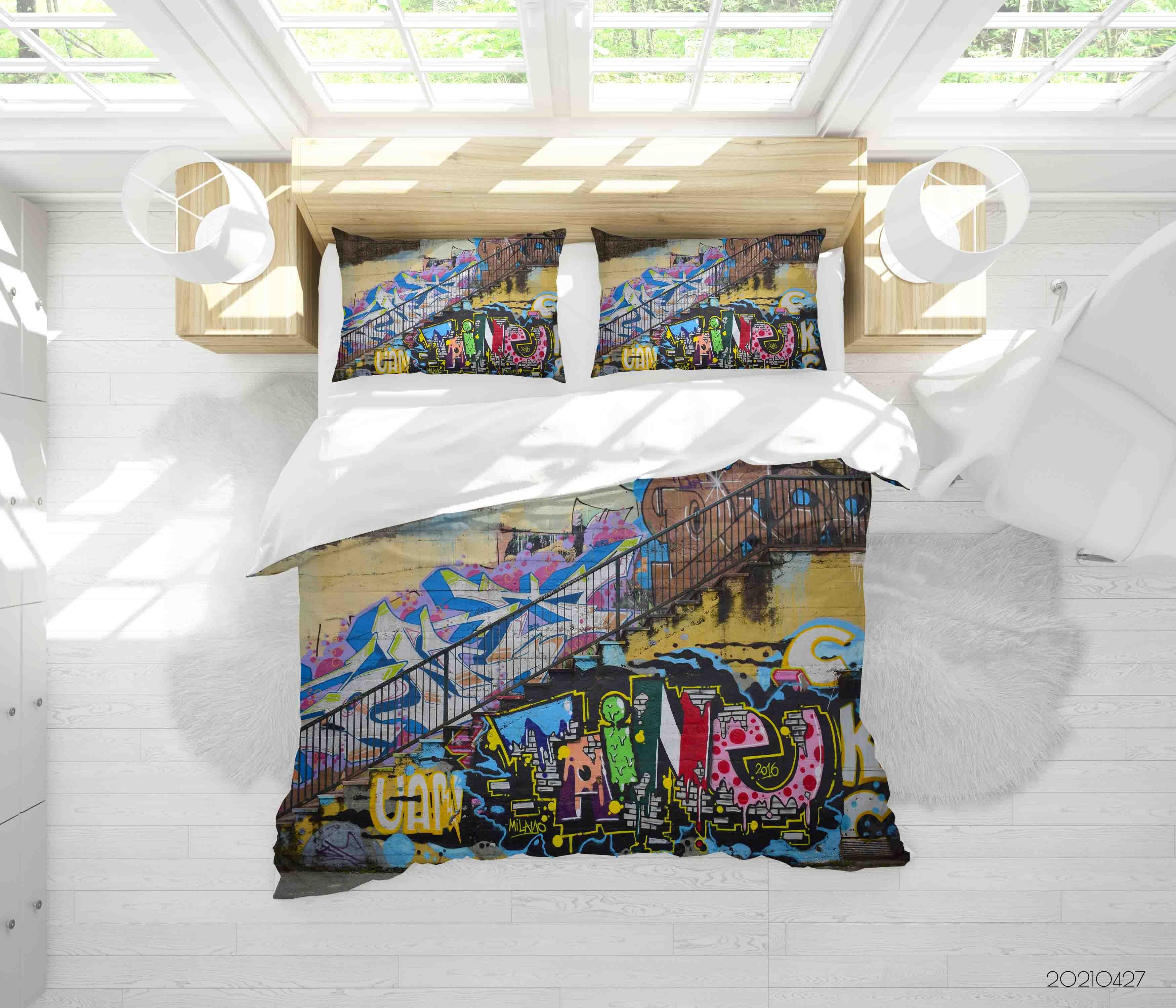 3D Abstract Colored Street Graffiti Quilt Cover Set Bedding Set Duvet Cover Pillowcases 142- Jess Art Decoration