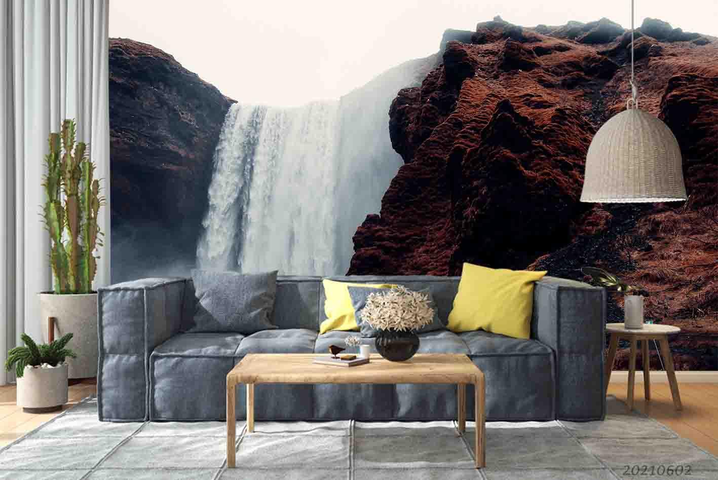 3D Waterfall Cliff Stone Mountain Wall Mural Wallpaper SWW980- Jess Art Decoration