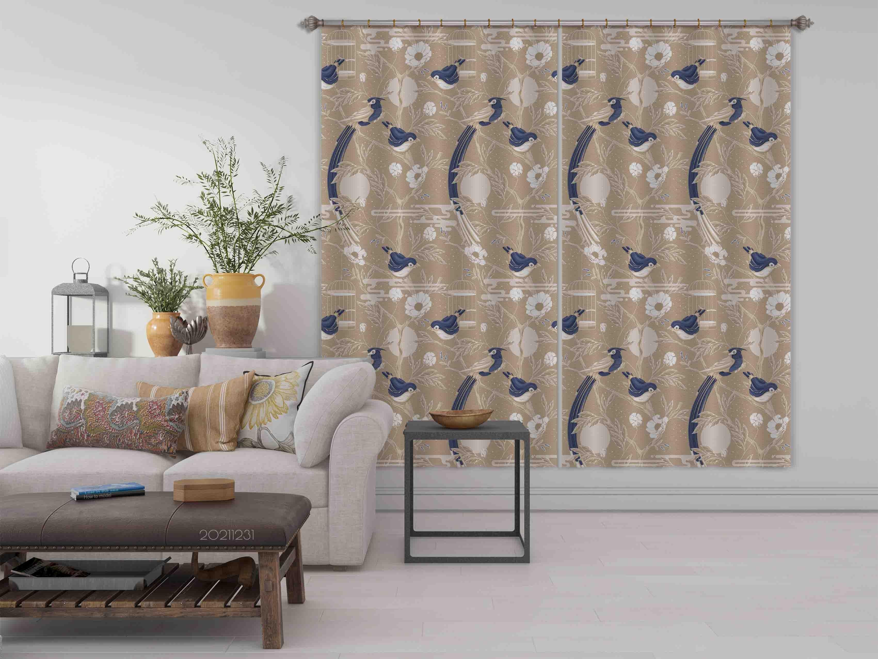 3D Vintage Blue Bird Birdcage Pattern Curtains and Drapes GD 75- Jess Art Decoration