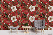Vintage White Floral Leaves Plant Pattern Red Wall Mural Wallpaper LXL 2- Jess Art Decoration