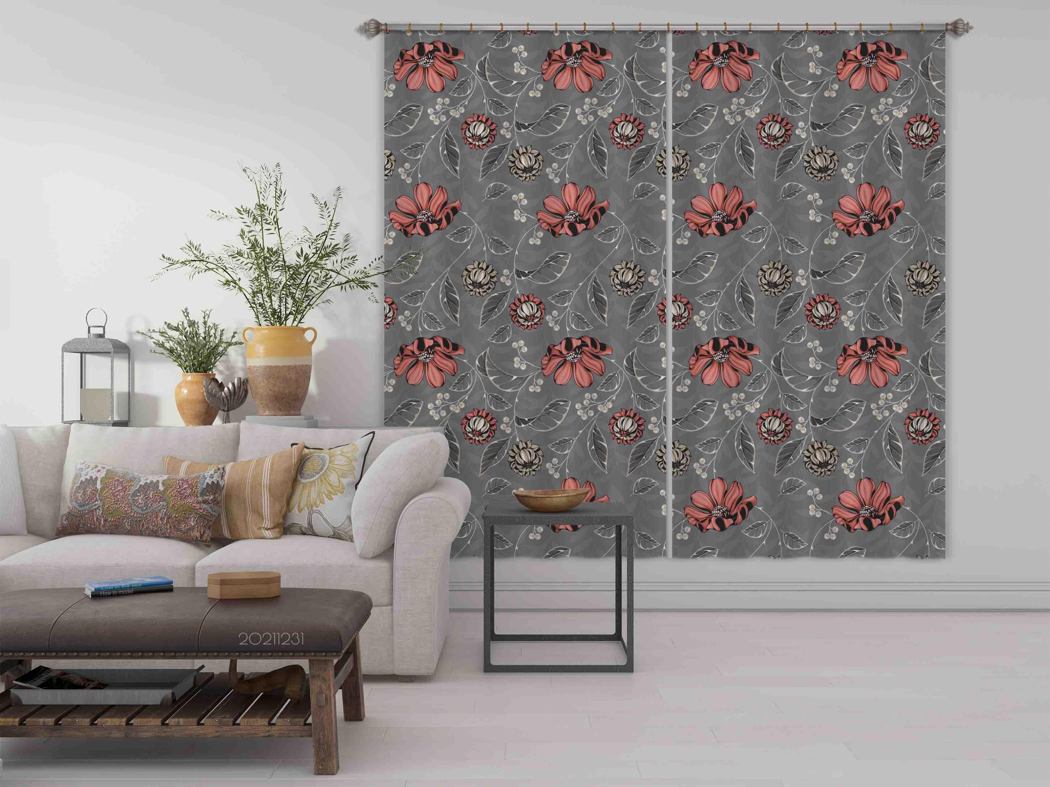 3D Vintage Red Flower Plant Leaf Curtains and Drapes GD 80- Jess Art Decoration