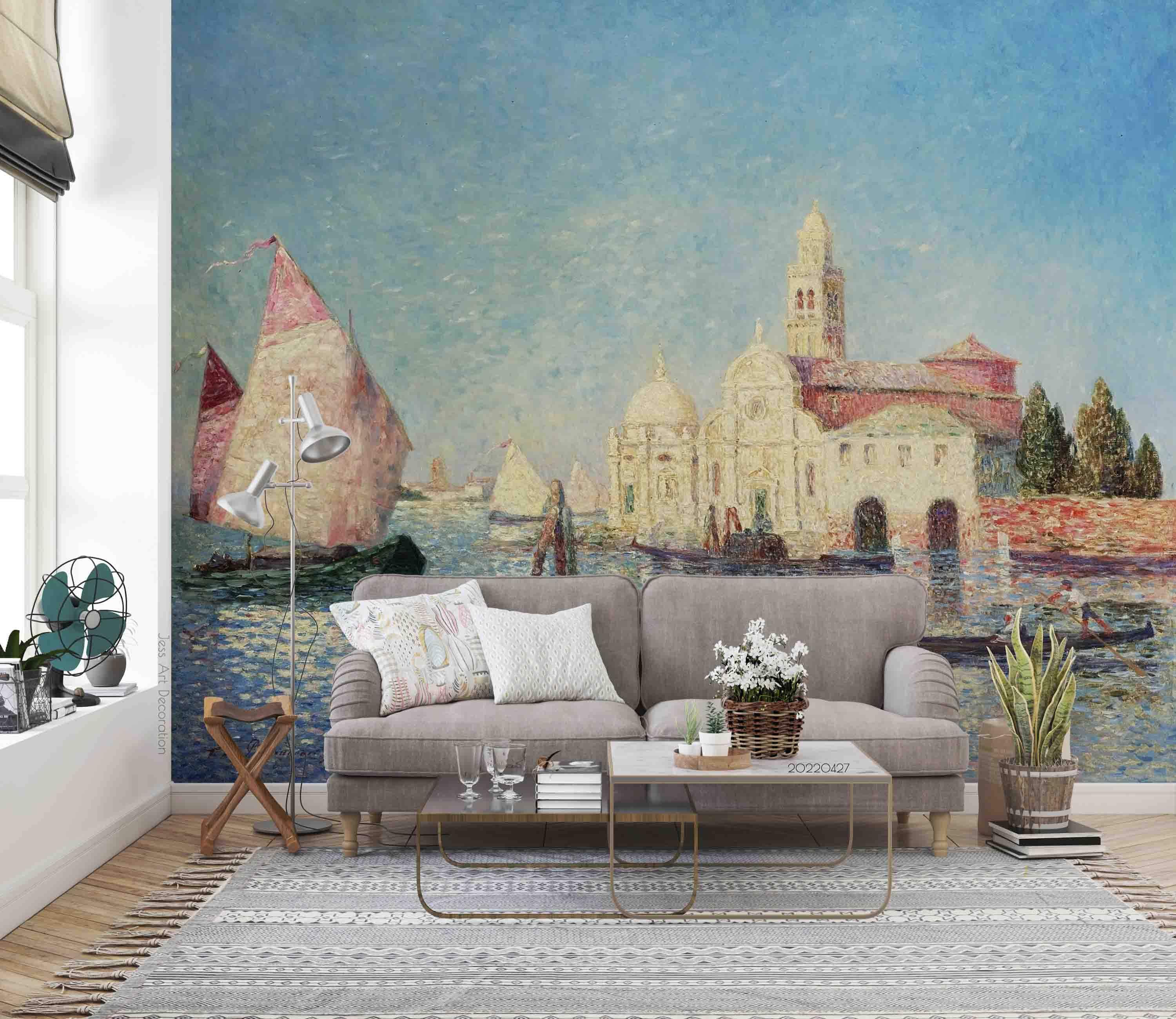 3D Building River Sailboat Landscape Oil Painting Wall Mural Wallpaper GD 4530- Jess Art Decoration