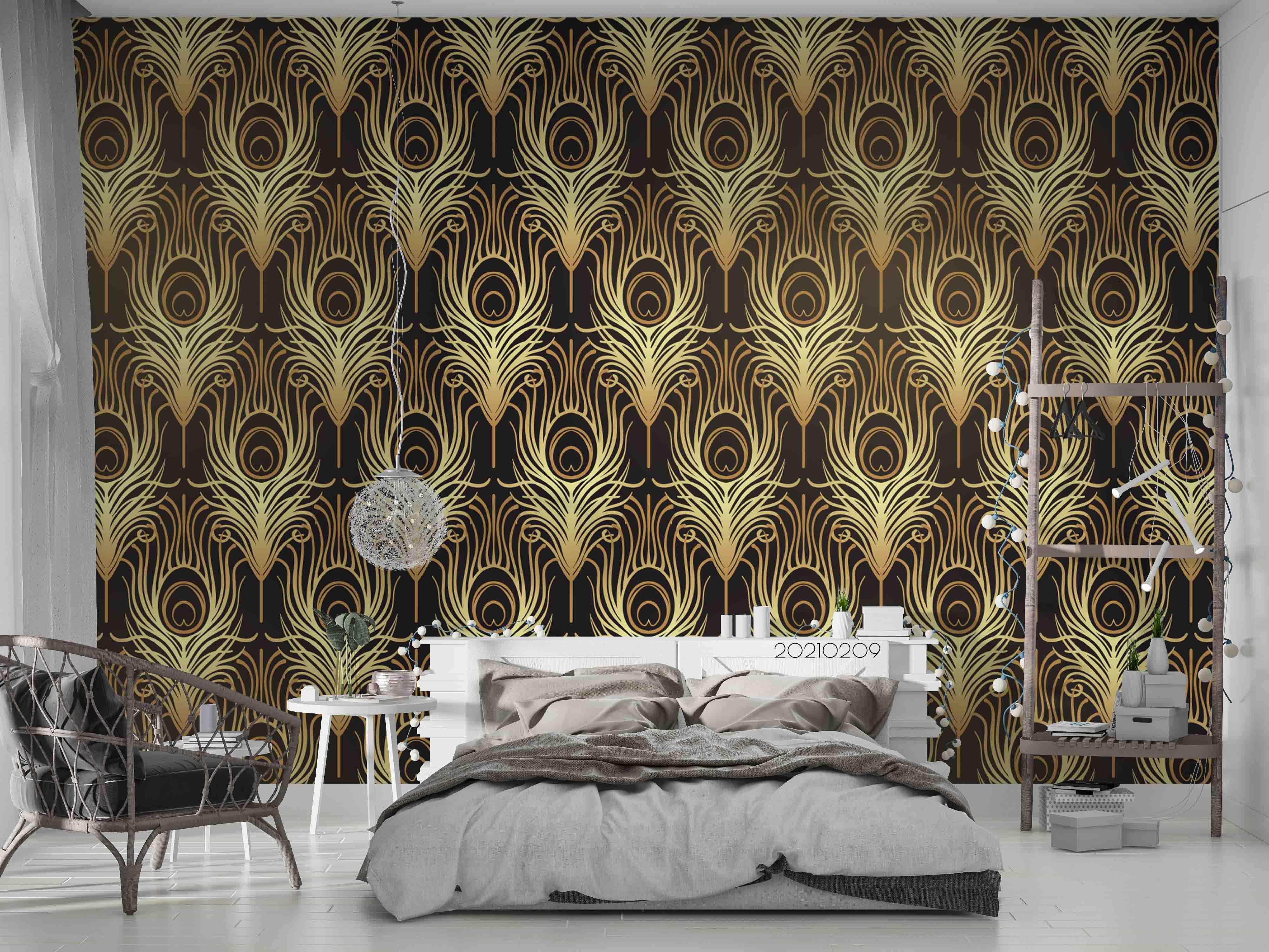 3D Golden Peacock Feather Wall Mural Wallpaper LQH 206- Jess Art Decoration