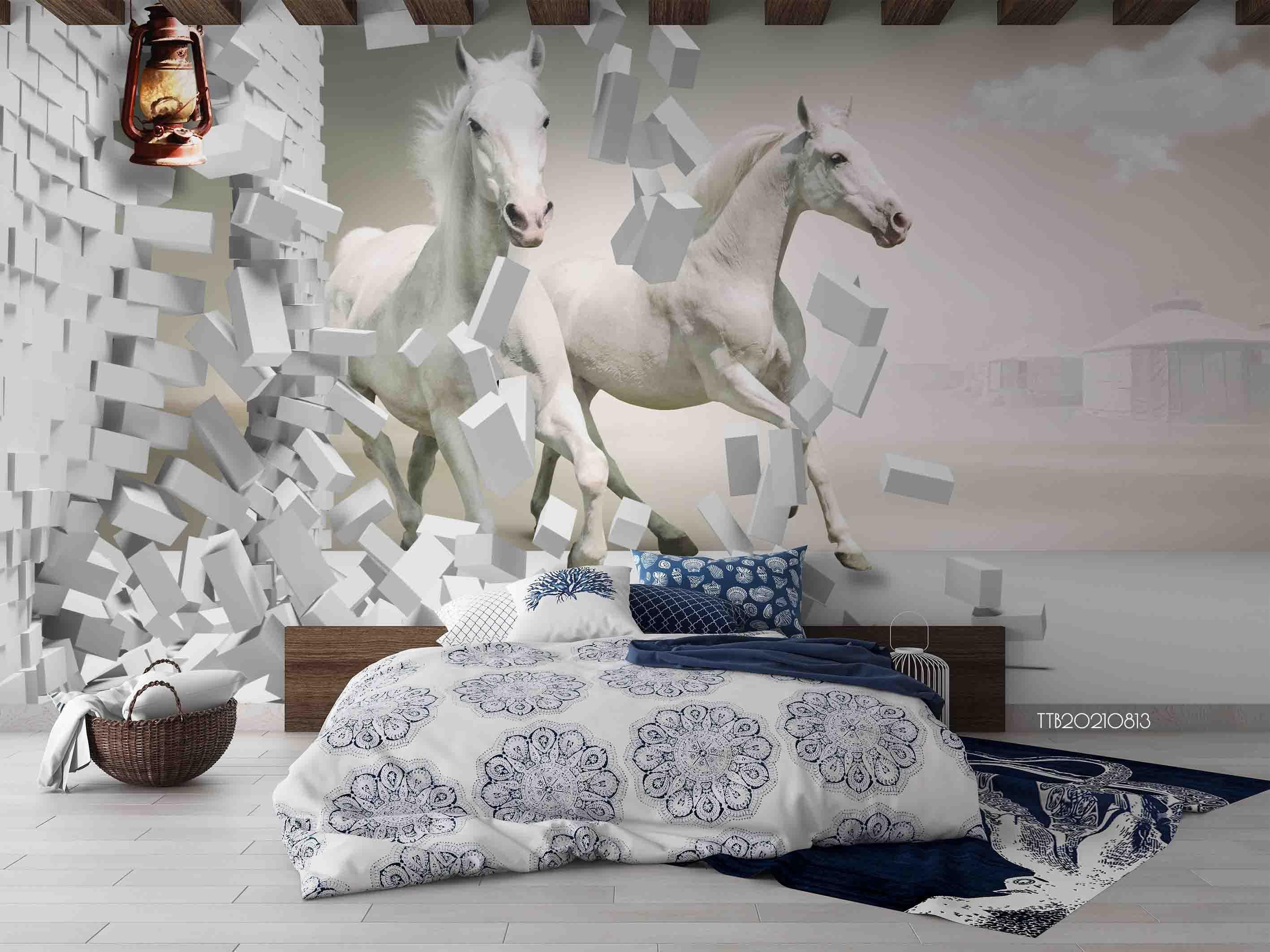 3D Stereo White Horse Brick Wall Mural WallpaperSWW5136- Jess Art Decoration