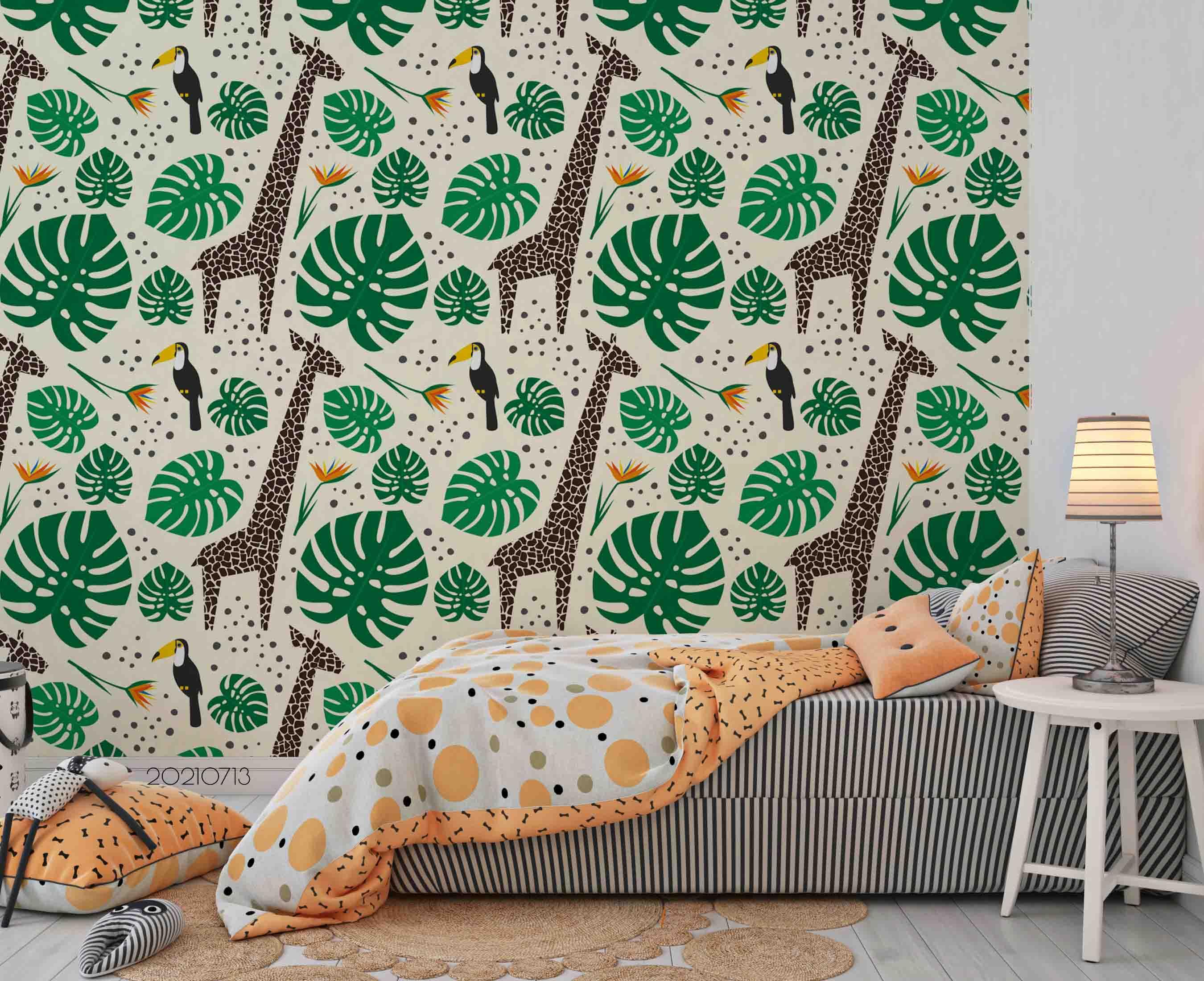 3D Hand Drawn Green Leaf Giraffe Wall Mural Wallpaper LQH 173- Jess Art Decoration