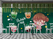 3D Cartoon Green Background Bubble Tea Pearl Tea Milk Tea Shop Wall Mural Wallpaper JN 08- Jess Art Decoration