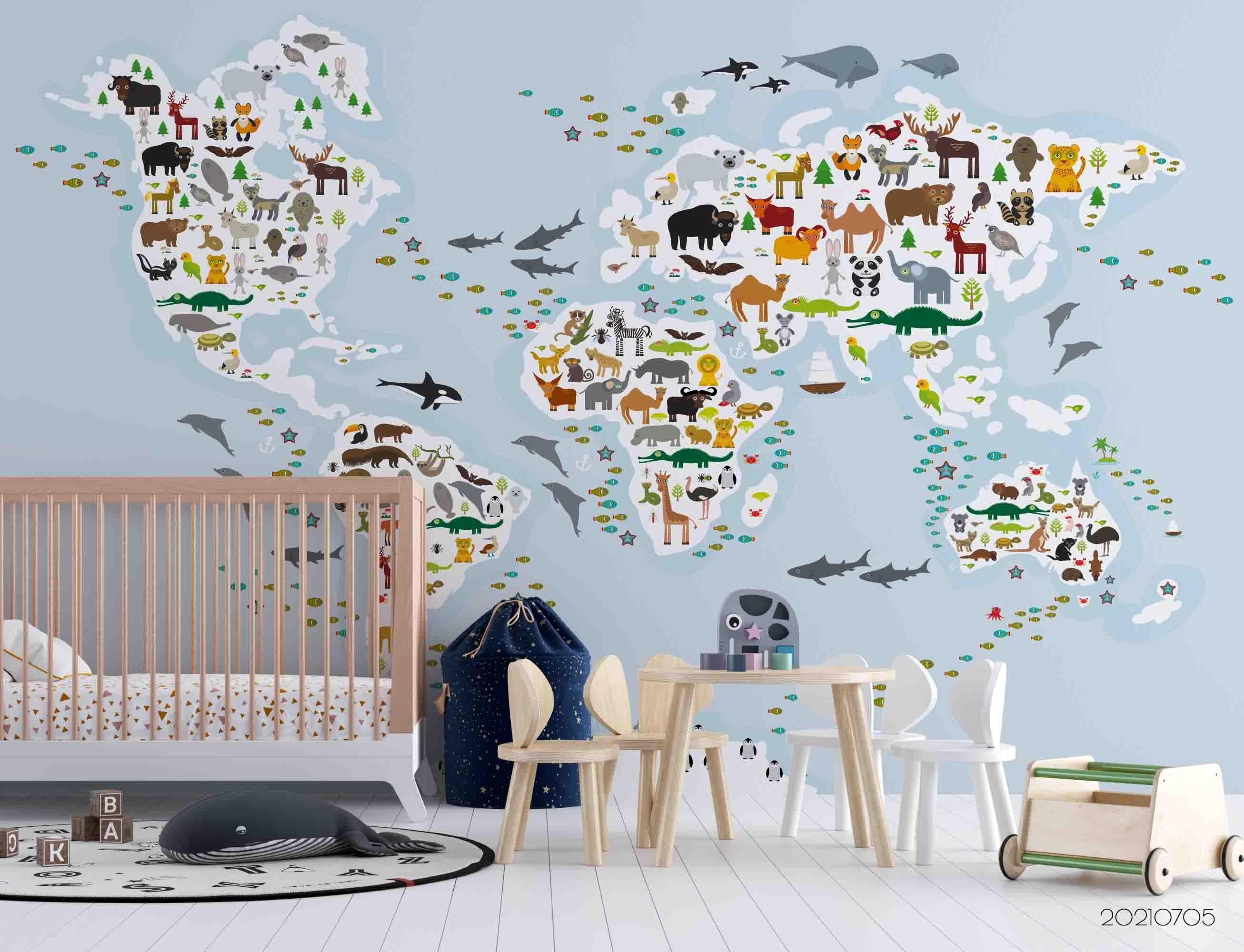 3D Cartoon World Map Animals Wall Mural Wallpaper LQH 92- Jess Art Decoration