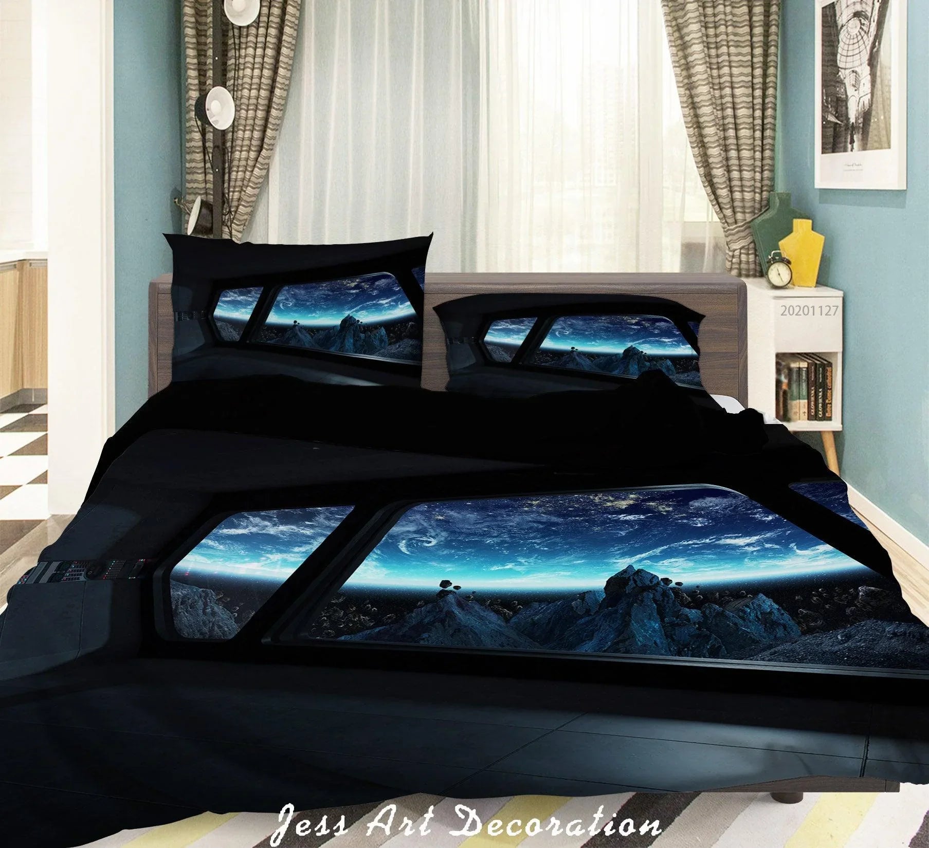 3D Spaceship Window Planet Earth Blue Glowing Quilt Cover Set Bedding Set Duvet Cover Pillowcases LXL- Jess Art Decoration