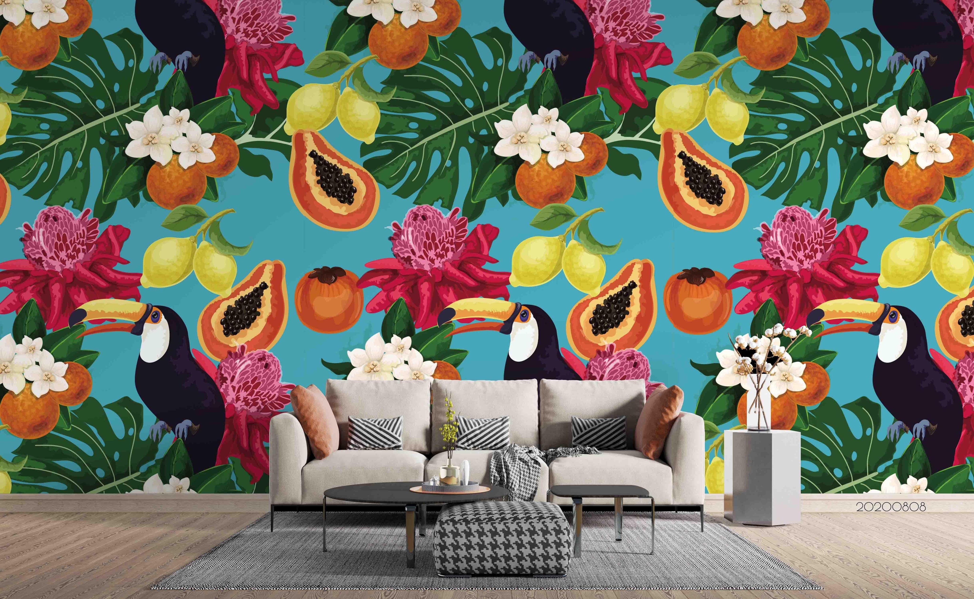 3D Hand Sketching Bird Floral Tropical Fruity  Wall Mural Wallpaper LXL 700- Jess Art Decoration