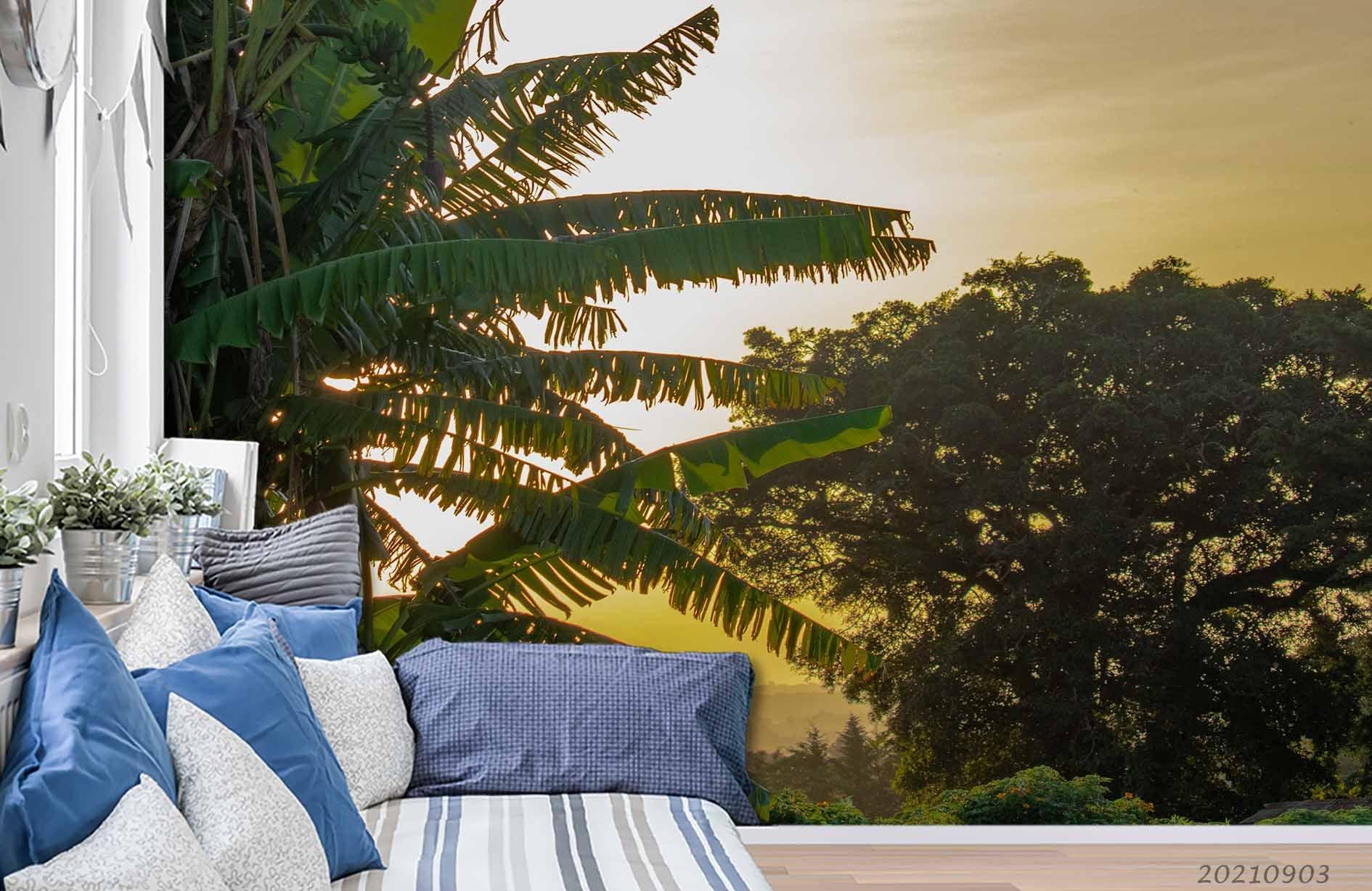 3D Sunset Sky Green Tree Palm Wall Mural Wallpaper LQH 92- Jess Art Decoration