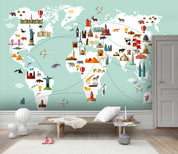 3D Hand Drawn World Map Cartoon Animals Historic Sites Vehicles Wall Mural Wallpaper GD 1799- Jess Art Decoration