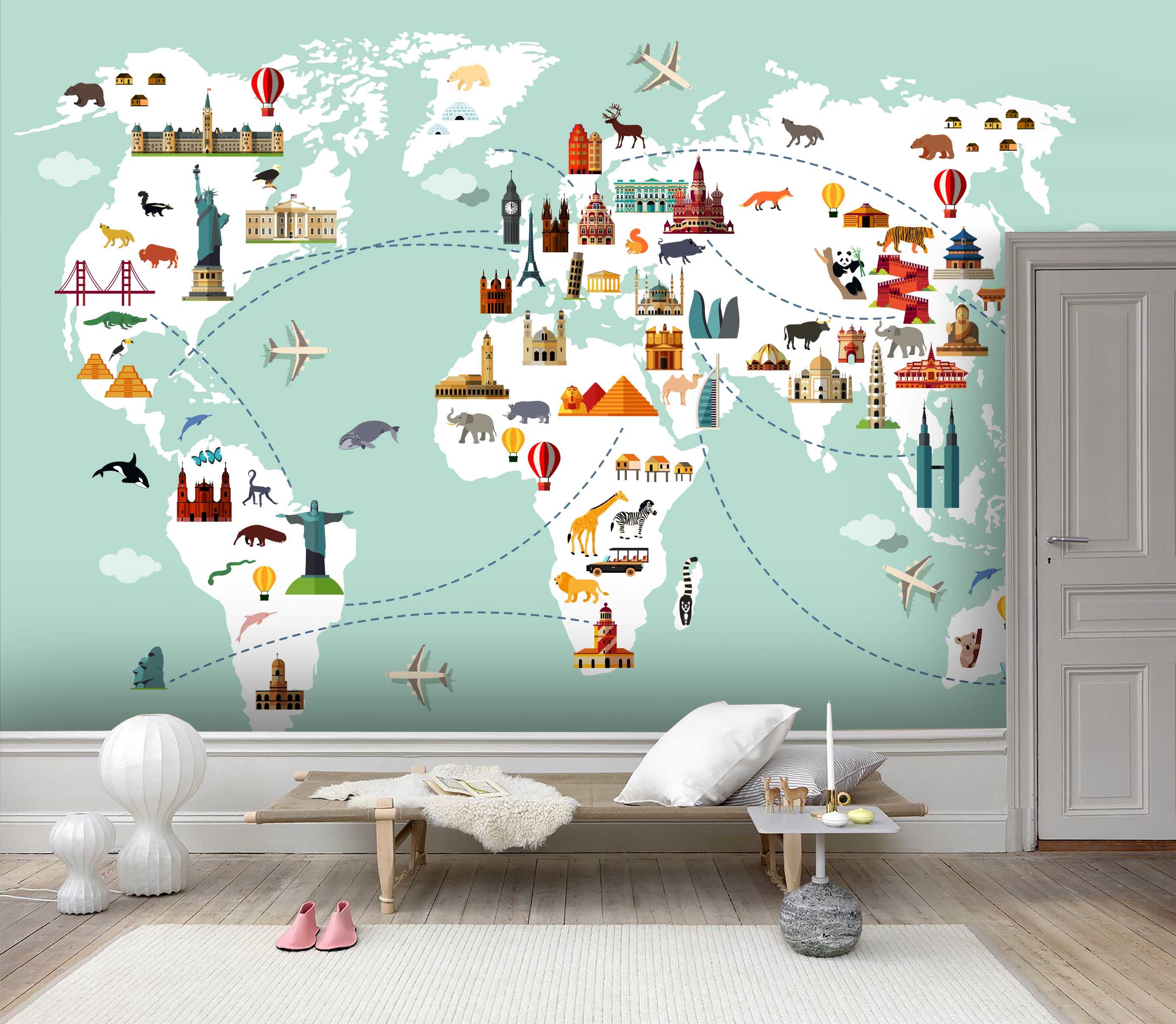 3D Hand Drawn World Map Cartoon Animals Historic Sites Vehicles Wall Mural Wallpaper GD 1799- Jess Art Decoration