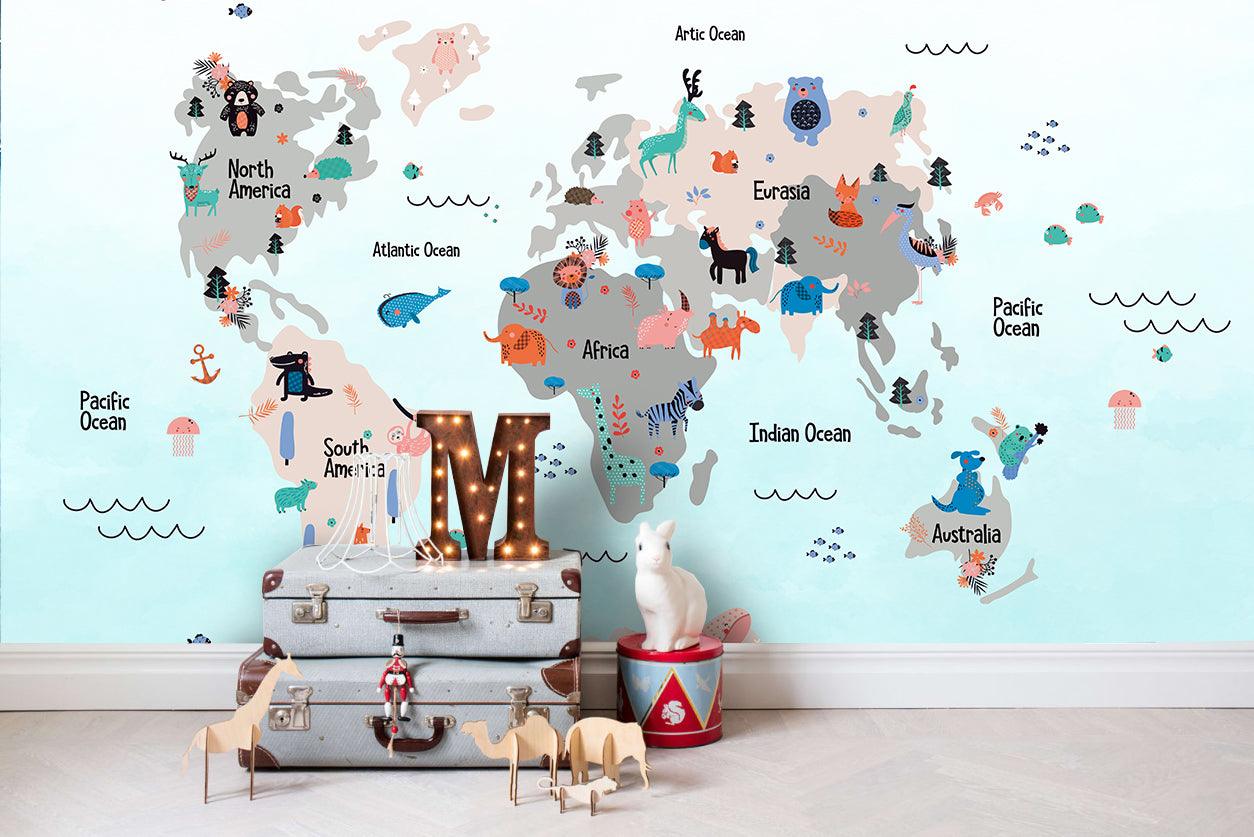 3D animals world map wall mural wallpaper 42- Jess Art Decoration